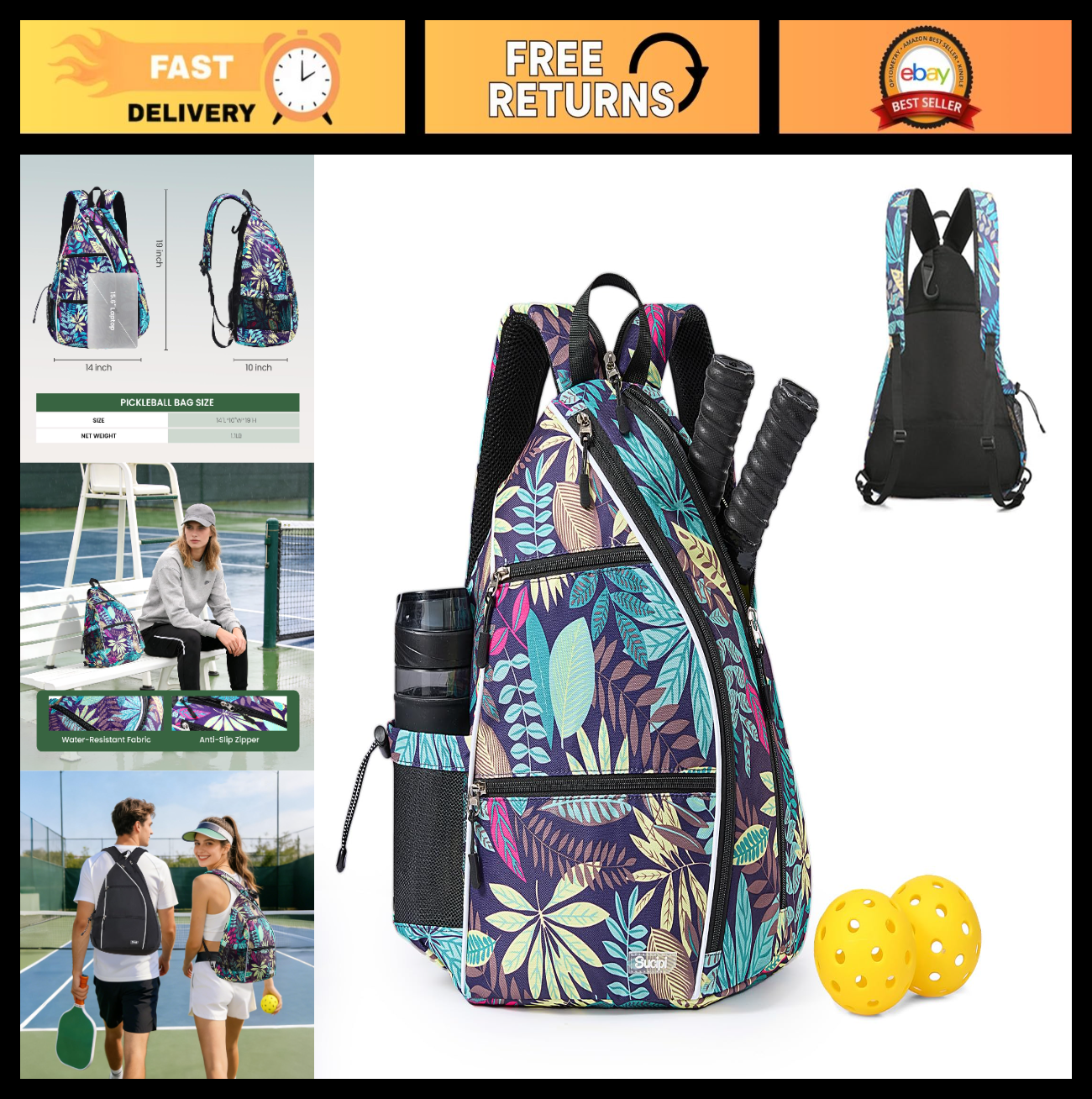 Adjustable Pickleball Backpack with Fence Hook - Large Capacity Sling Bag for Me0