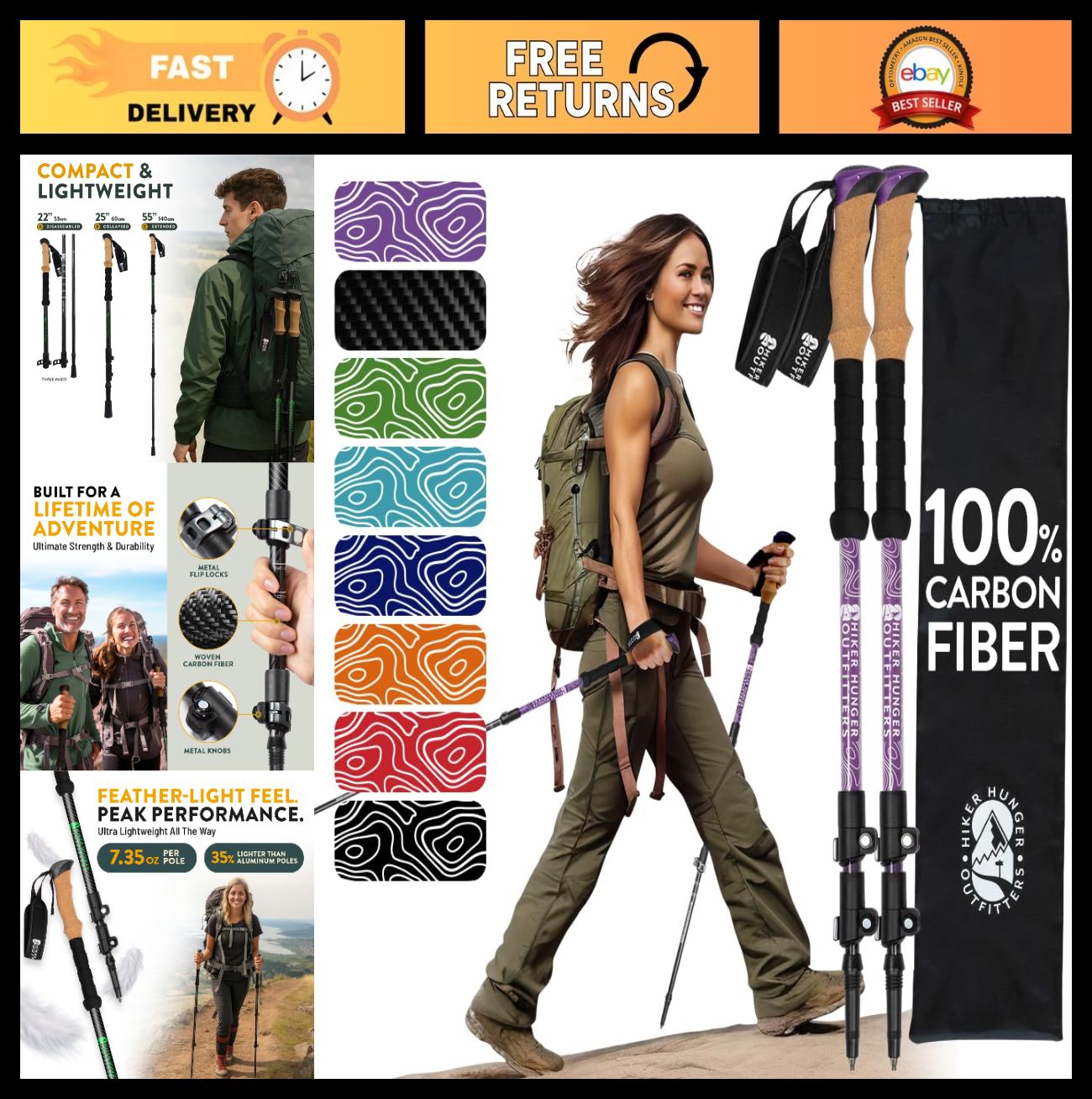 Lightweight Carbon Fiber Trekking Poles - Collapsible Hiking Sticks with Cork Gr0