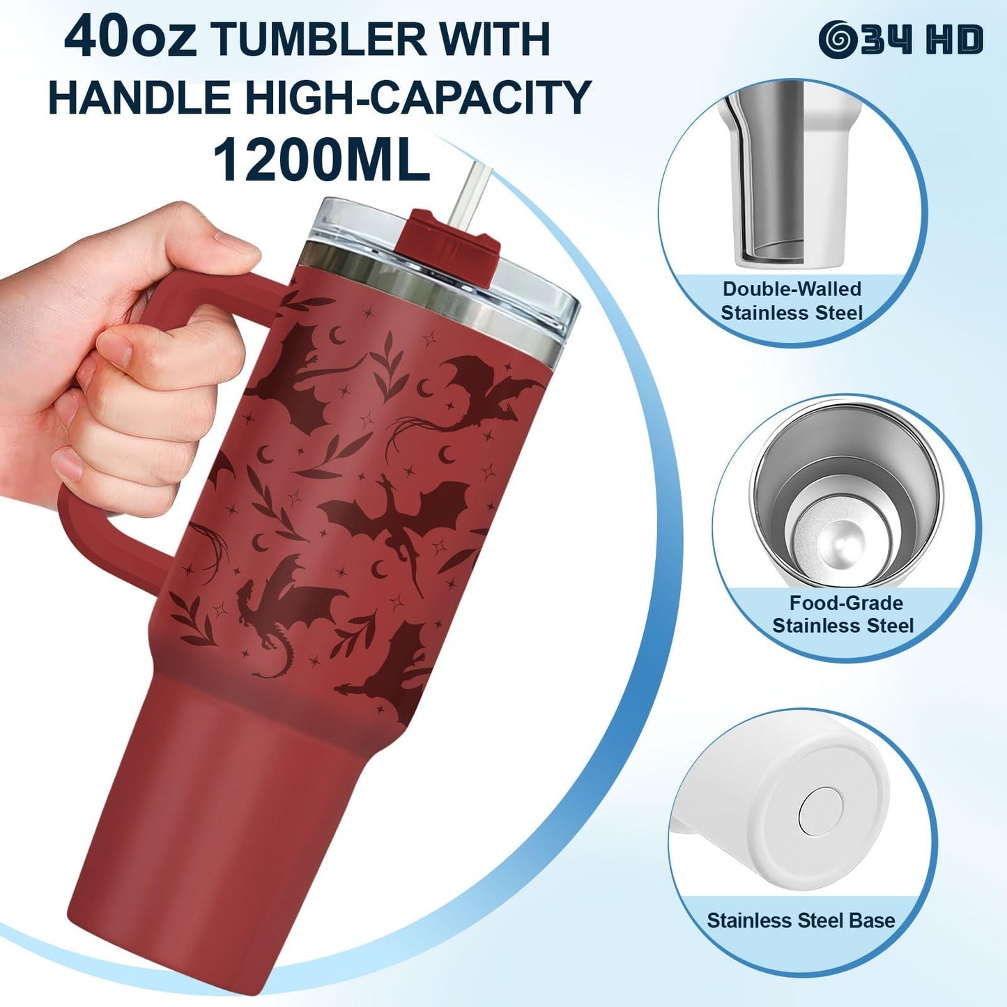 40oz Fantasy Dragon Tumbler with Handle & Straw   Insulated Travel Mug for Coffe8