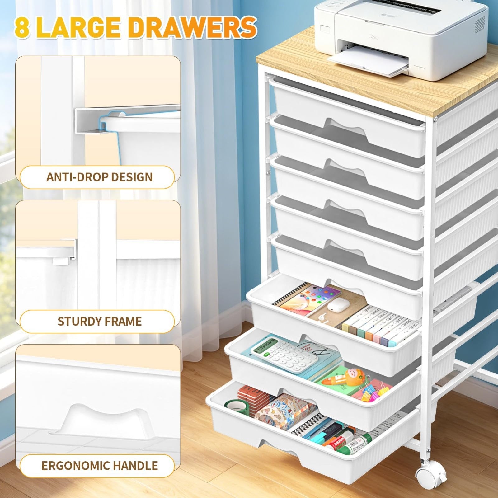 8 Drawer Rolling Cart with Wooden Top & Lockable Wheels   Craft & Office Storage4