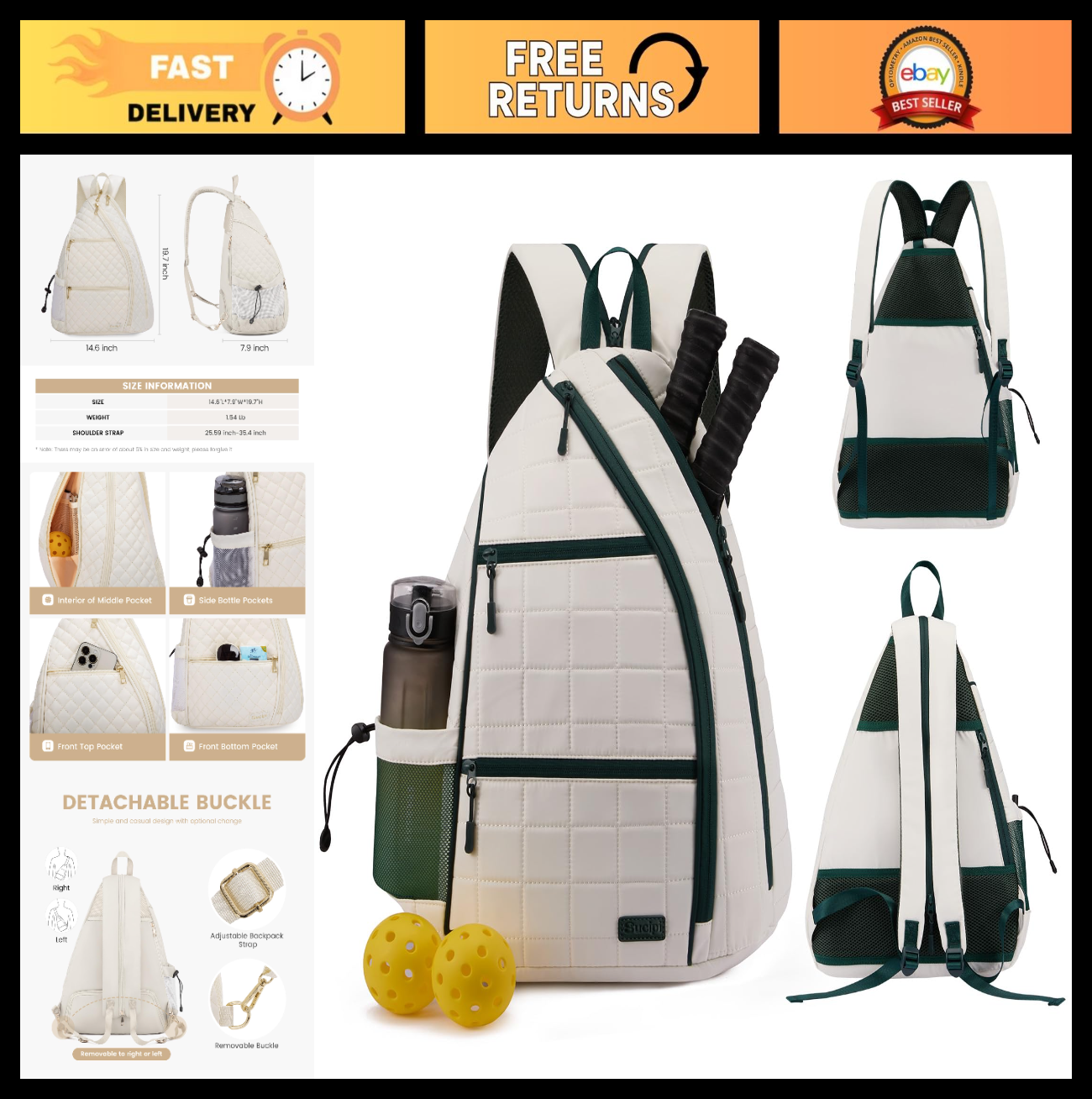 Quilted Women's Pickleball Backpack - Crossbody Sling Bag for Tennis & Paddle0