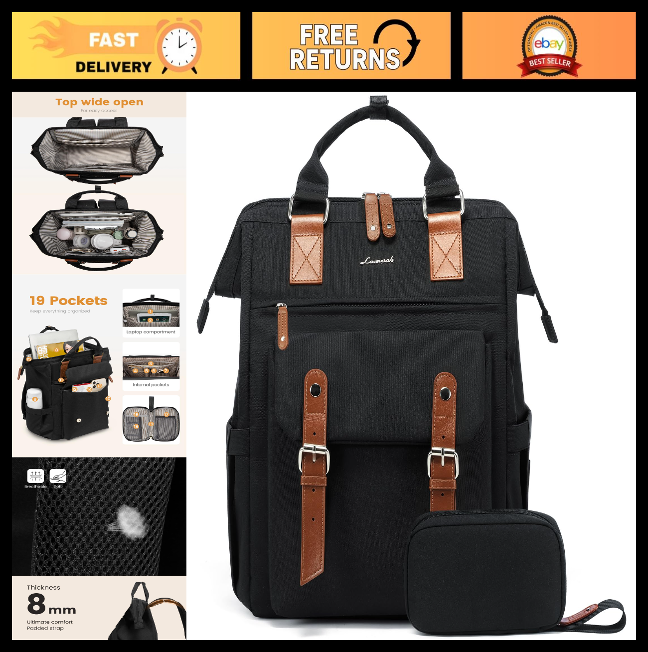 Stylish 17" Laptop Backpack for Women   Work, Travel, Commuter, College Bag, Bla0