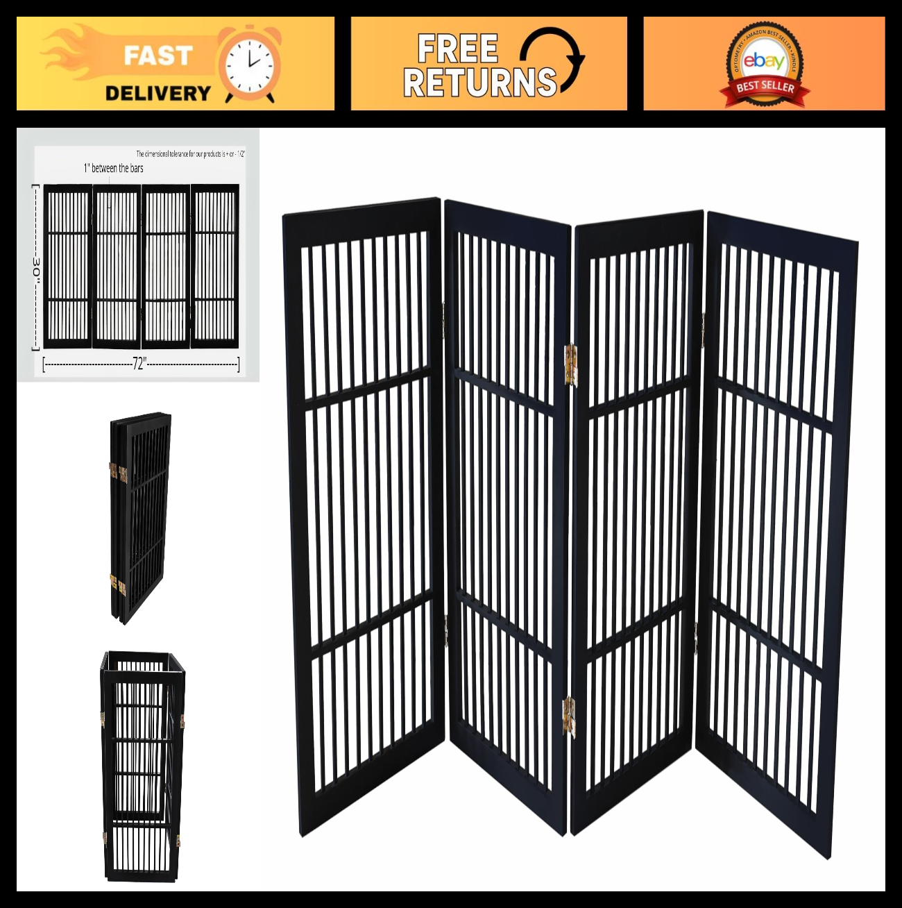 Freestanding Wooden Pet Dog Gate - Durable Folding Safety Barrier, 4 Panel 30" T0