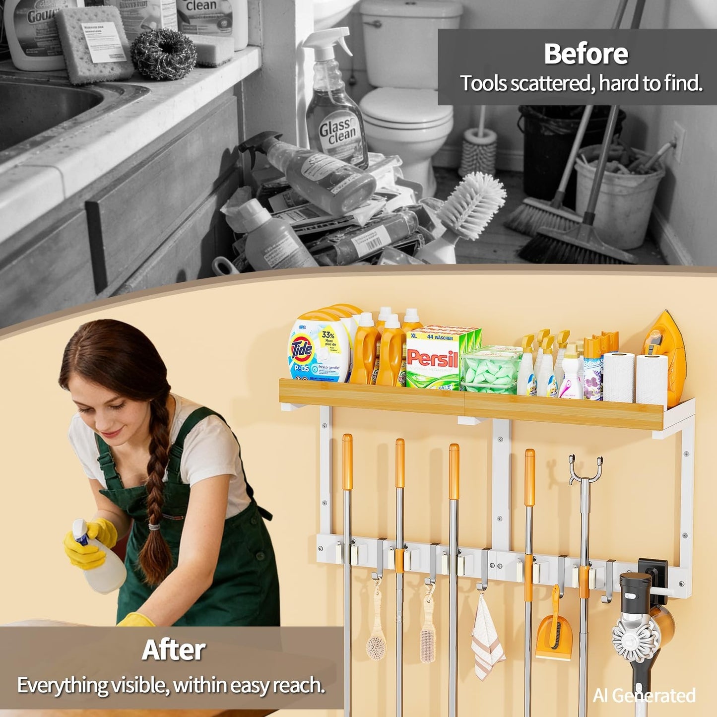 Wall-Mounted Broom and Mop Organizer - Space-Saving Holder for Easy Storage5