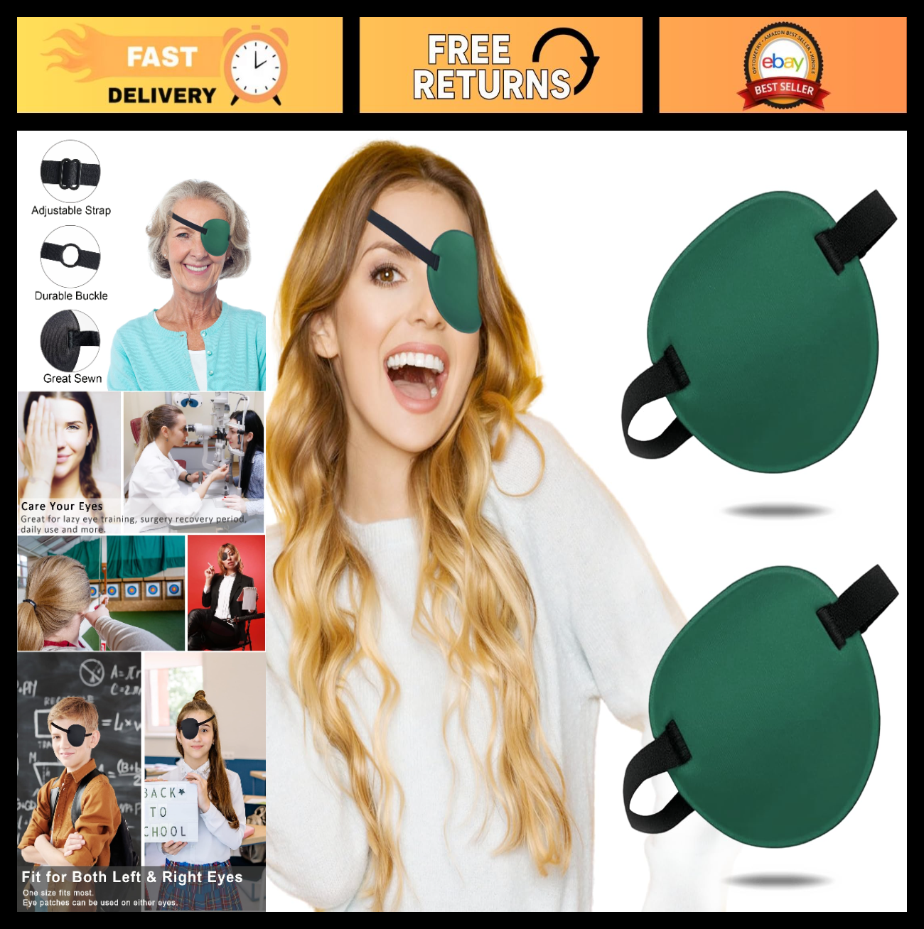 3D Adjustable Eye Patch Set, Medical Patches for Amblyopia & Lazy Eye, Green0