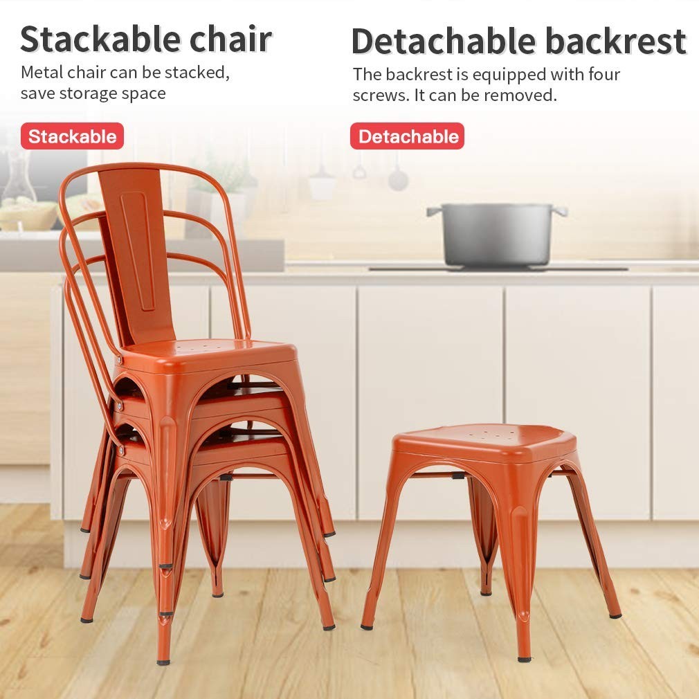 Set of 4 Stackable Metal Dining Chairs   Orange Tolix Style, Backrest, Scratch R6