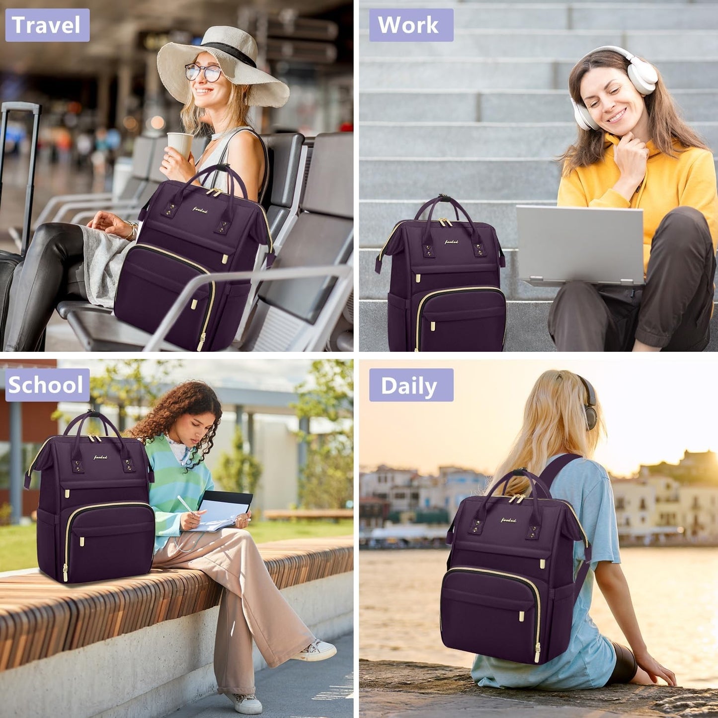 Stylish 15.6" Laptop Backpack for Women   Waterproof Travel Work Bag, Dark Purpl5