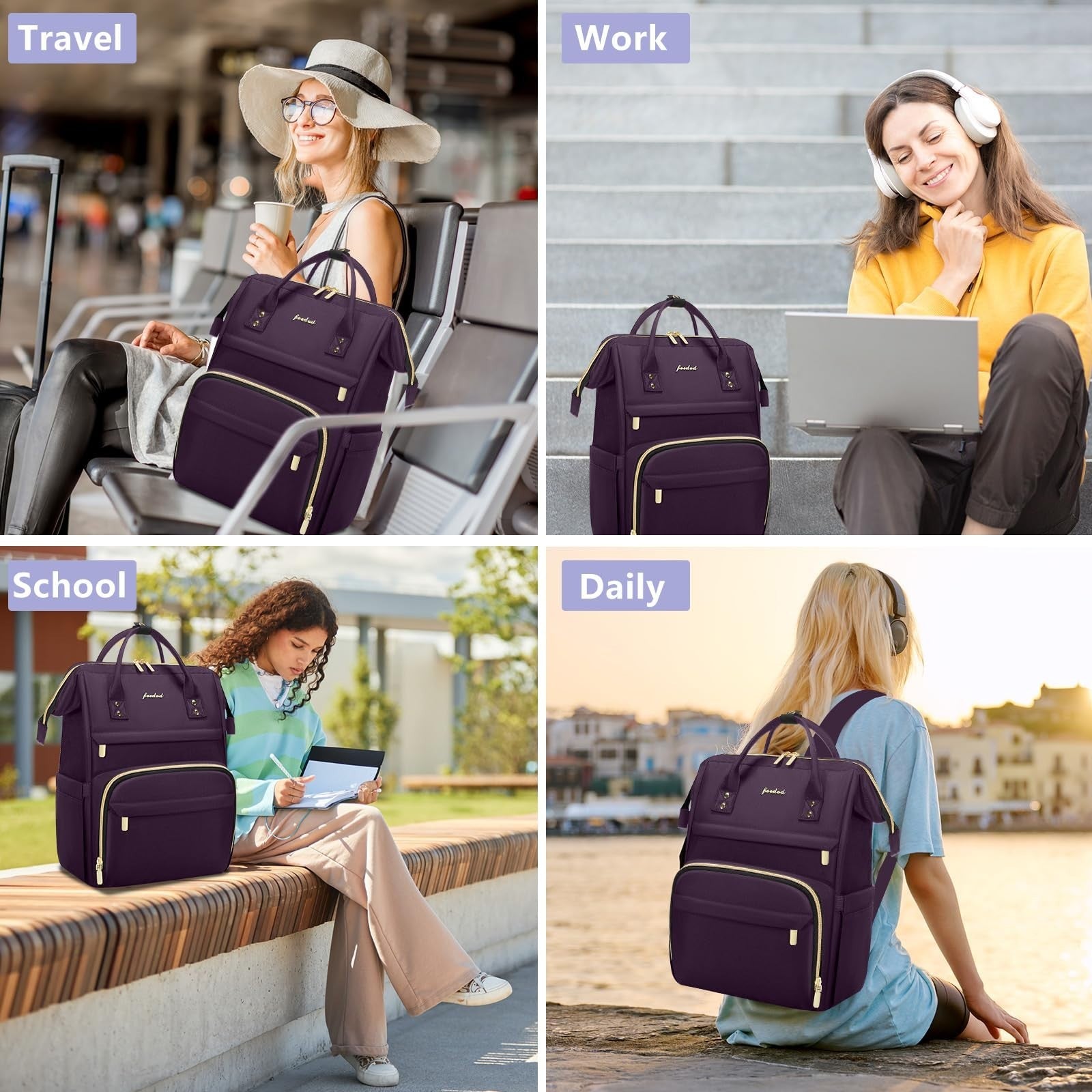 Stylish 15.6" Laptop Backpack for Women   Waterproof Travel Work Bag, Dark Purpl5