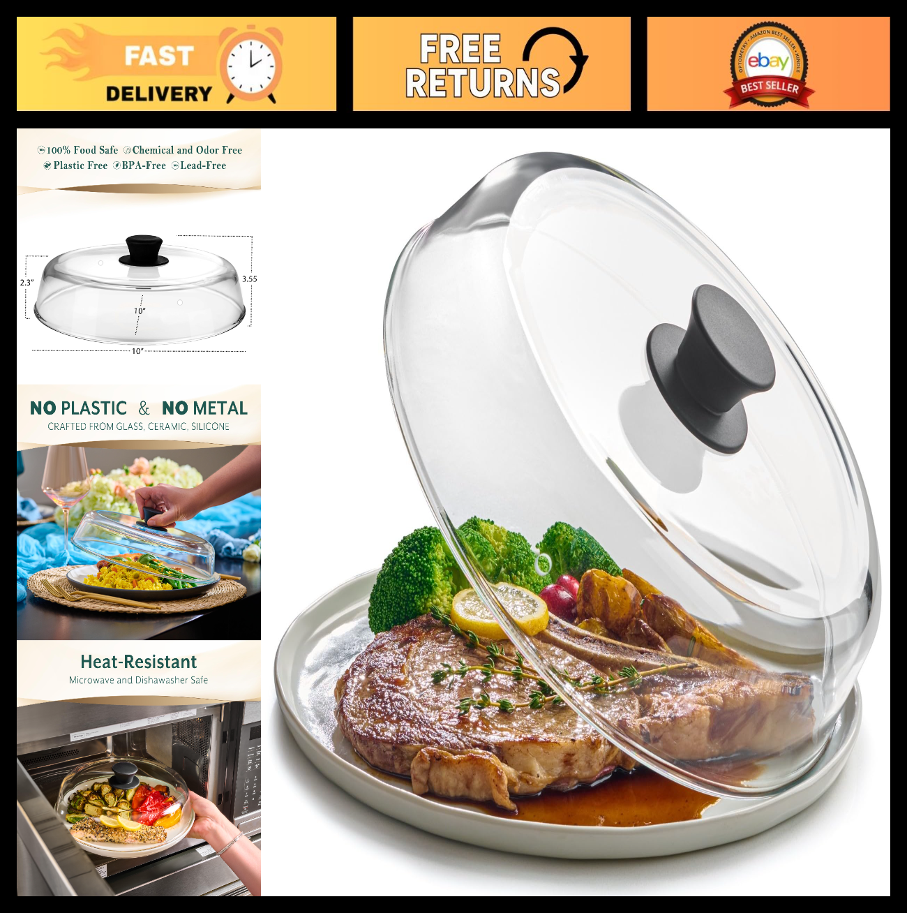 10" Glass Microwave Splatter Cover   BPA Free, Dishwasher Safe, Easy Grip Lid0