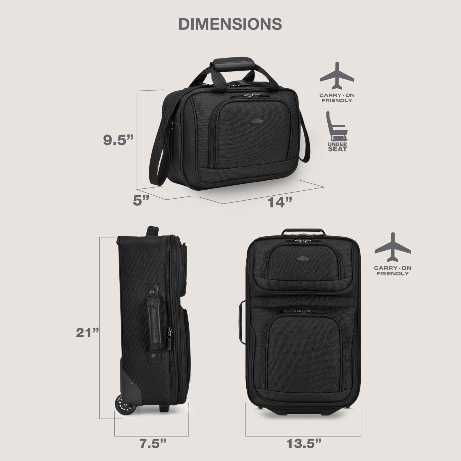 Lightweight Softside Rolling Carry-on Suitcase Set, 2-Wheel Travel Luggage, Blac5