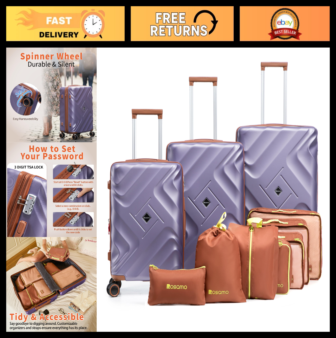 10-Piece Expandable Luggage Set, Airline Approved Carry-On, Hard Shell Suitcases0