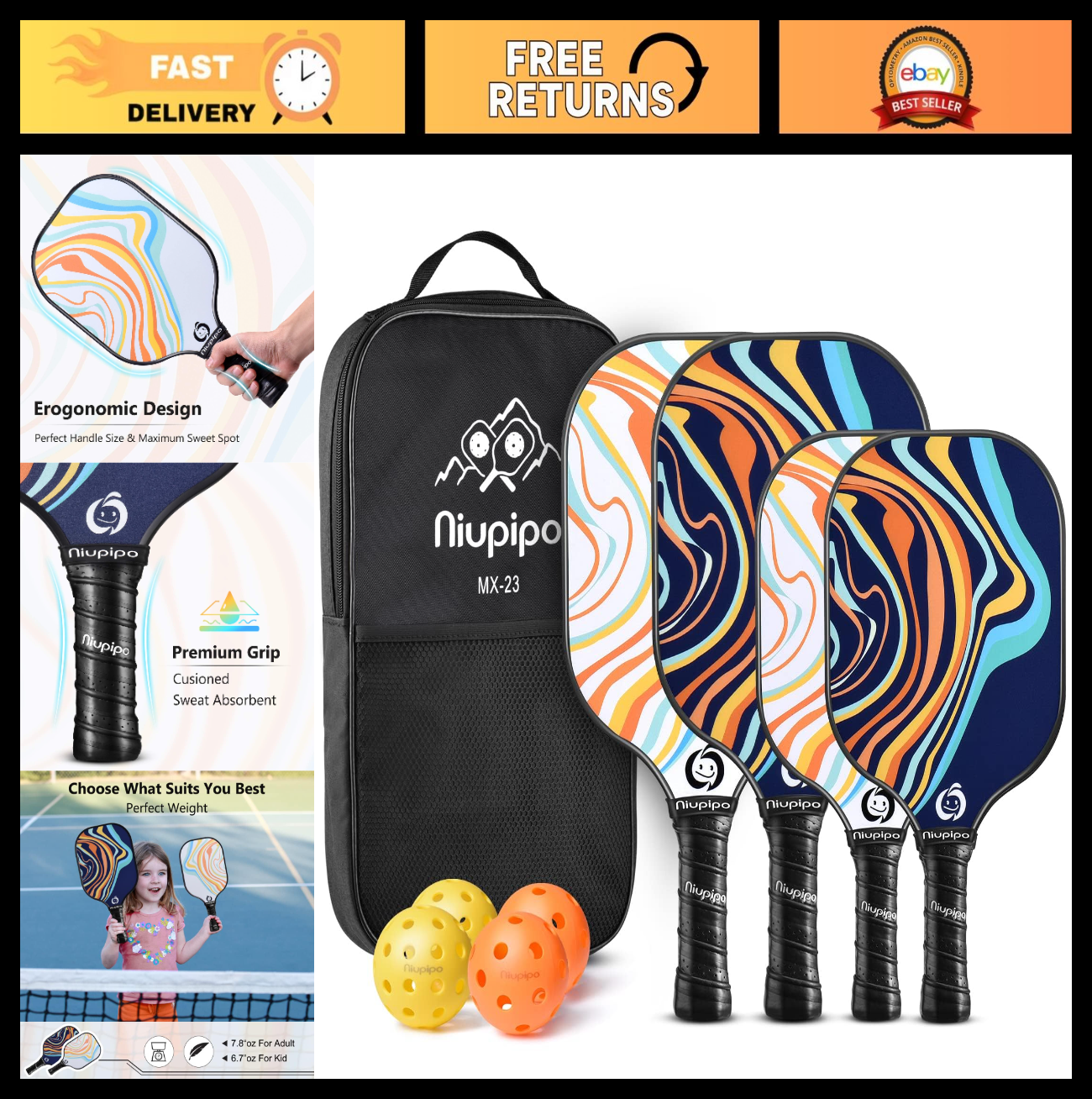 Pickleball Paddle Set of 2 or 4 - USAPA Approved, Lightweight Fiberglass Paddles0