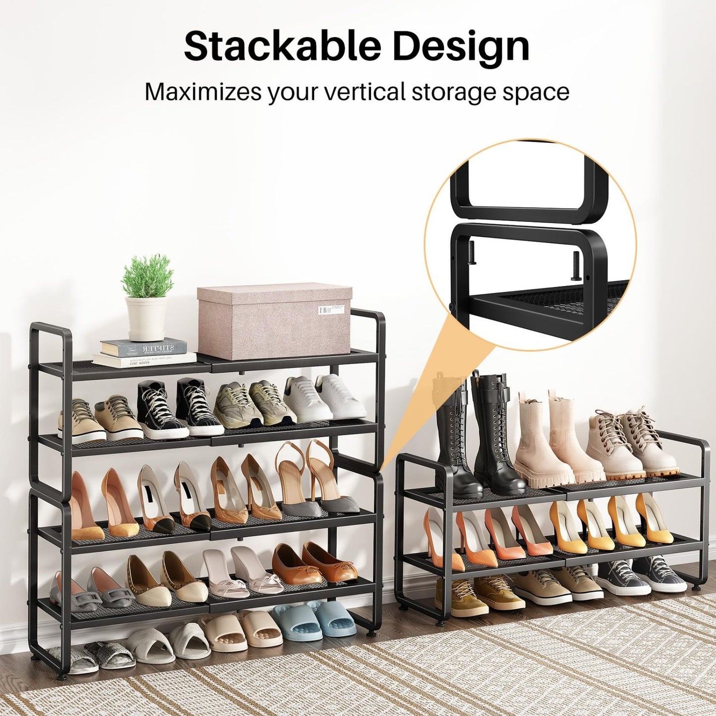 Expandable 2 Tier Metal Shoe Rack   Adjustable Height, Stackable, Fits Small Spa5