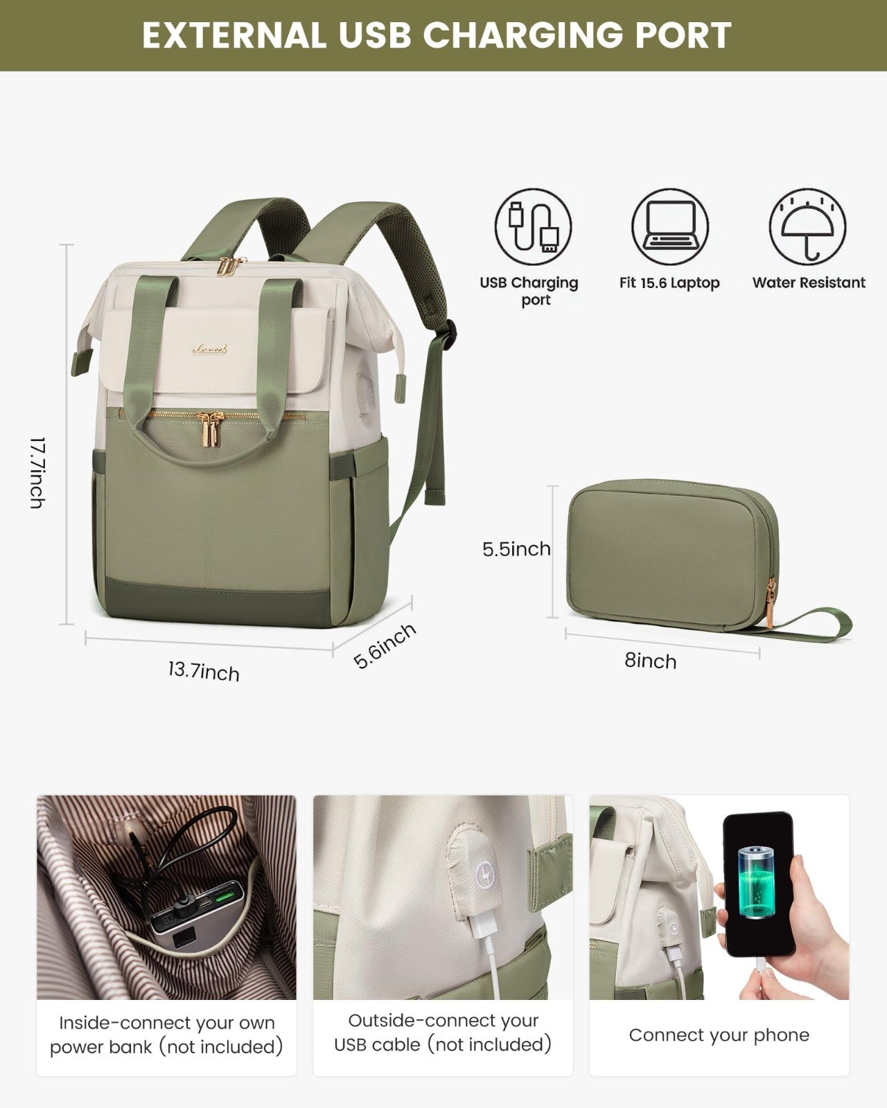 Stylish 15.6" Laptop Backpack for Women, USB Port, Waterproof Travel Bag, 2PCS2