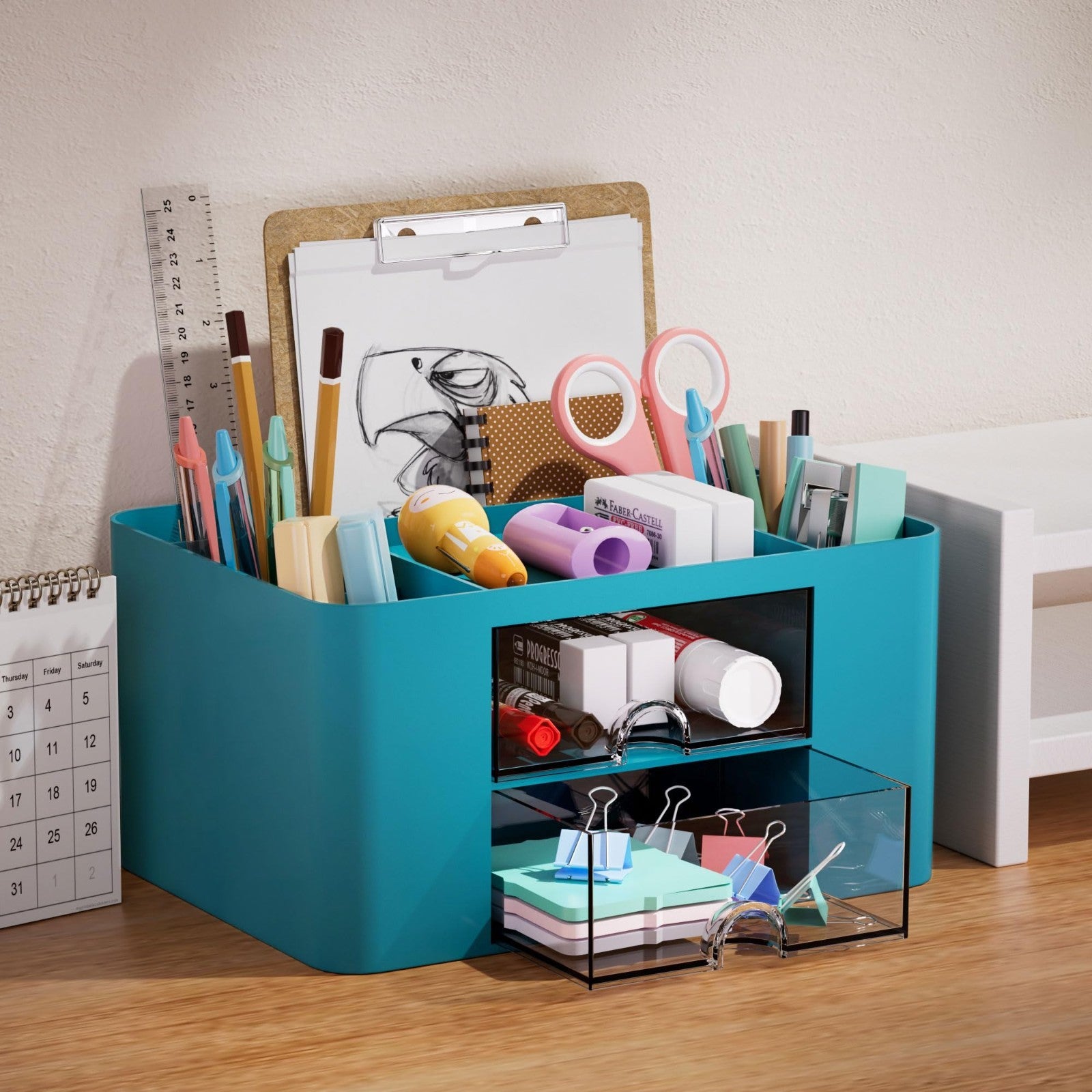 Multi Functional Desk Organizer with 2 Drawers, 5 Compartments for Art Supplies2