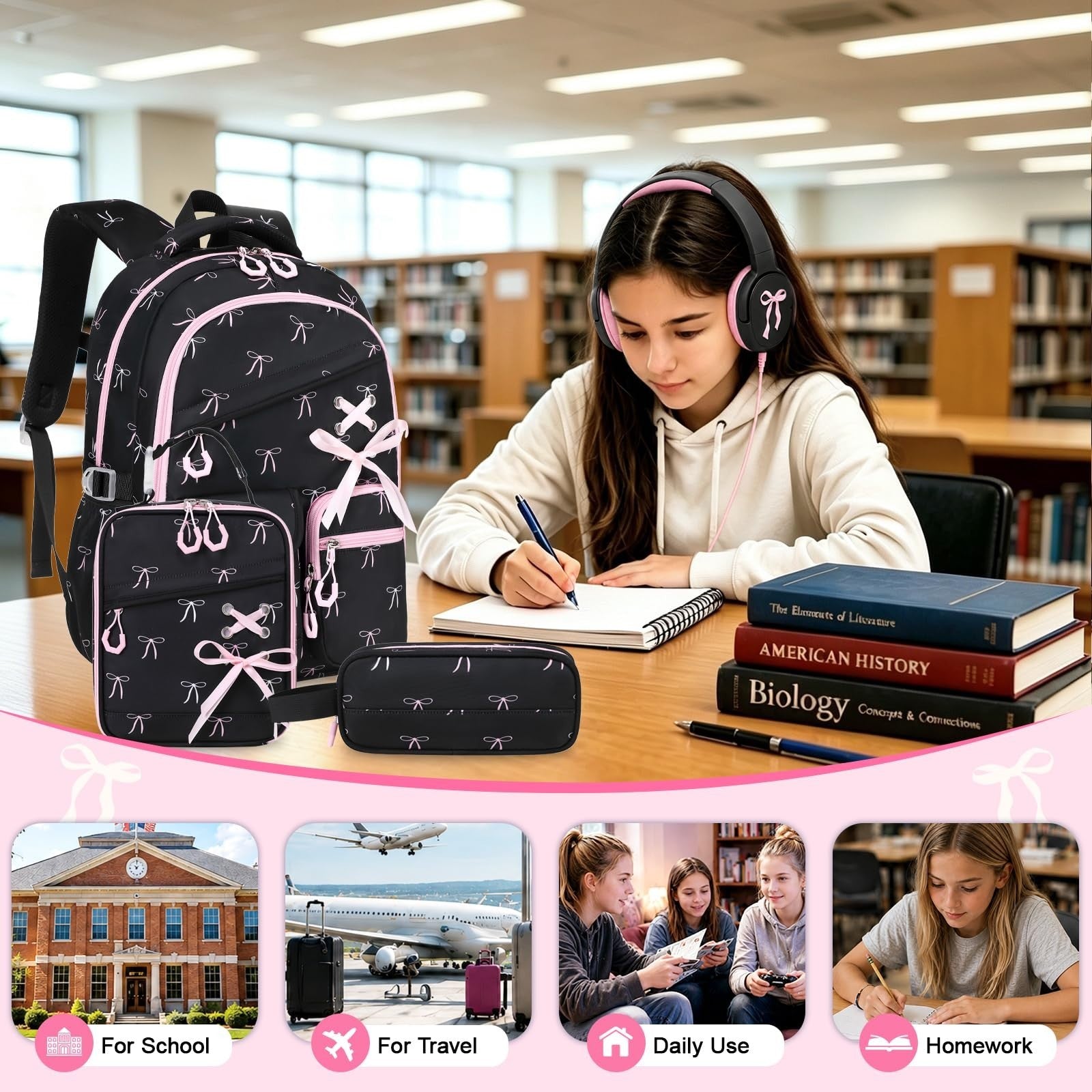Stylish Girls Backpack with Wired Headphones, School Bag for Teens & Kids4