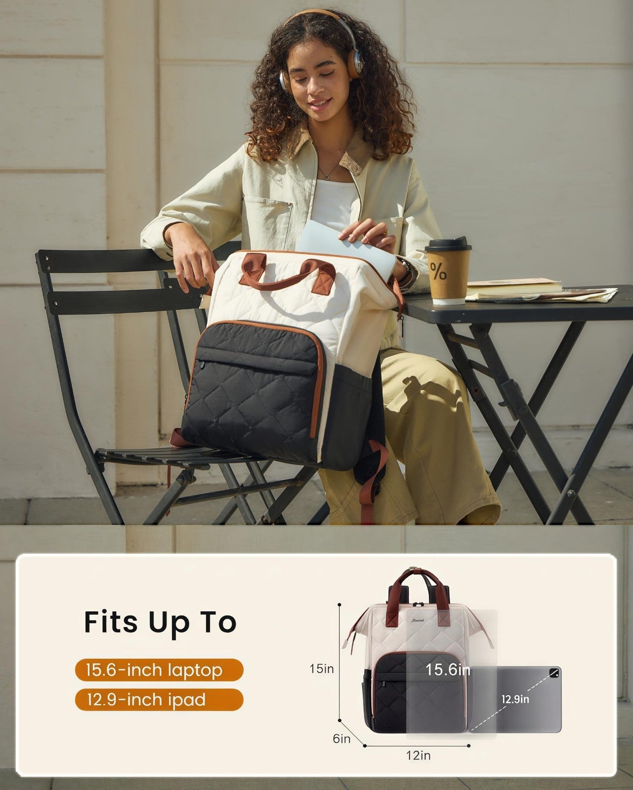 Stylish 15.6" Laptop Backpack for Women   Work Bag, Black/White/Gray, Durable &5