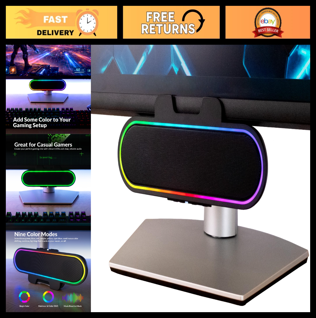 USB Powered Speaker Bar with LED Lights for PC & Mac, Clamps to Monitors, Music0