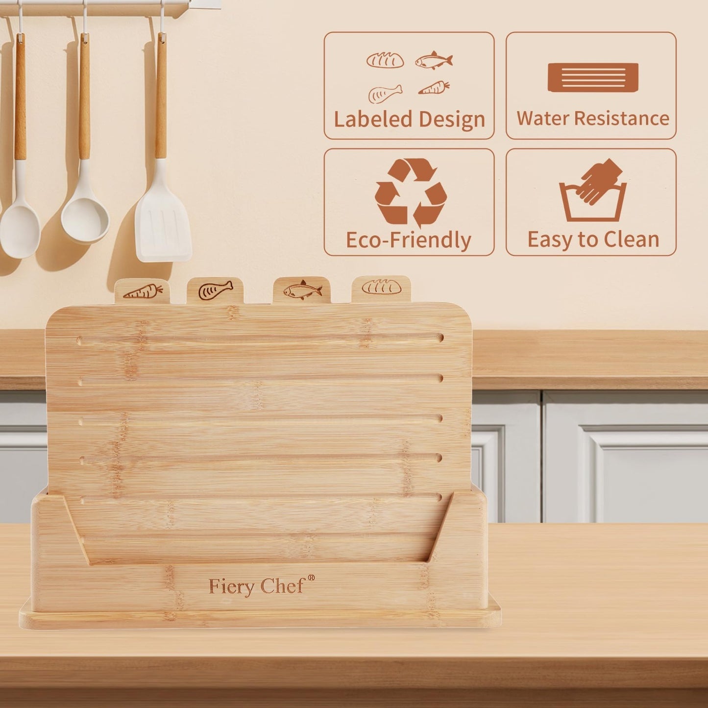 Set of 4 Bamboo Cutting Boards with Holder - Juice Groove, Food Icons, Ideal for5