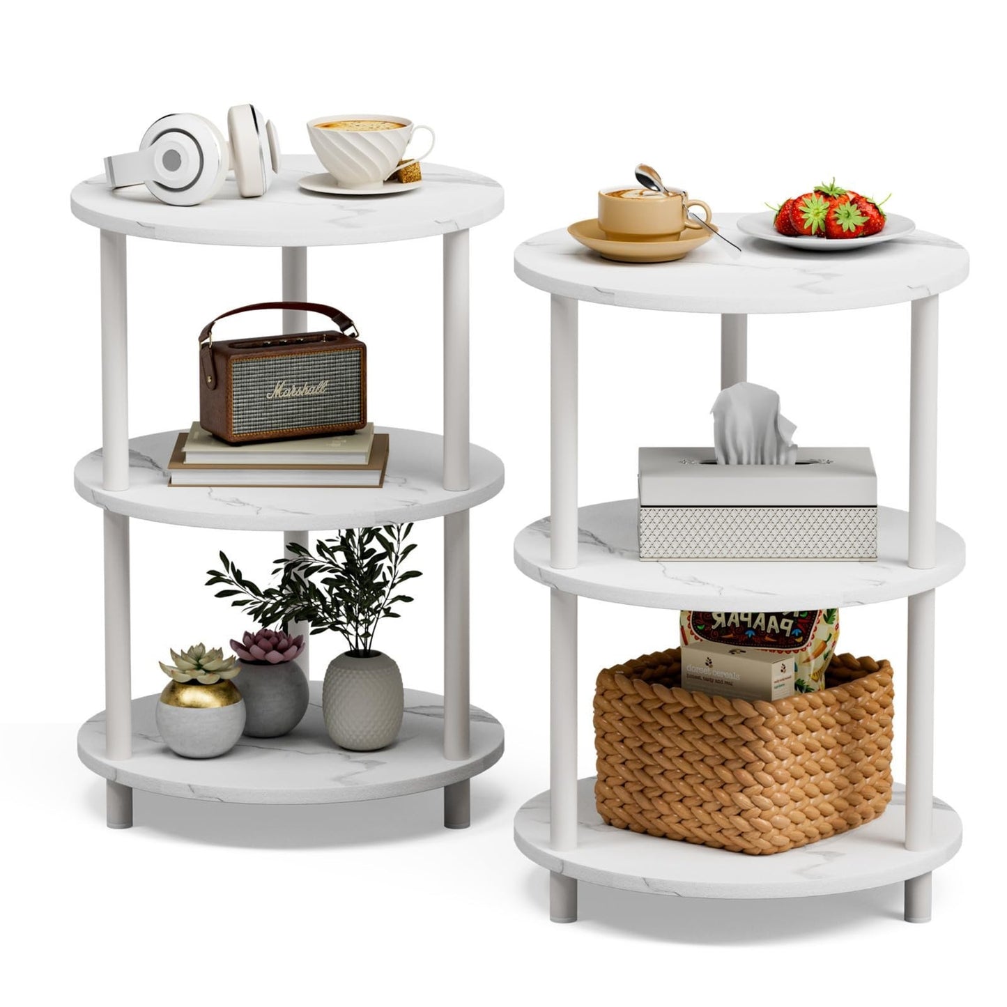 Set of 2 Small Round End Tables - 3 Tier Accent Nightstands for Bedroom, Living1