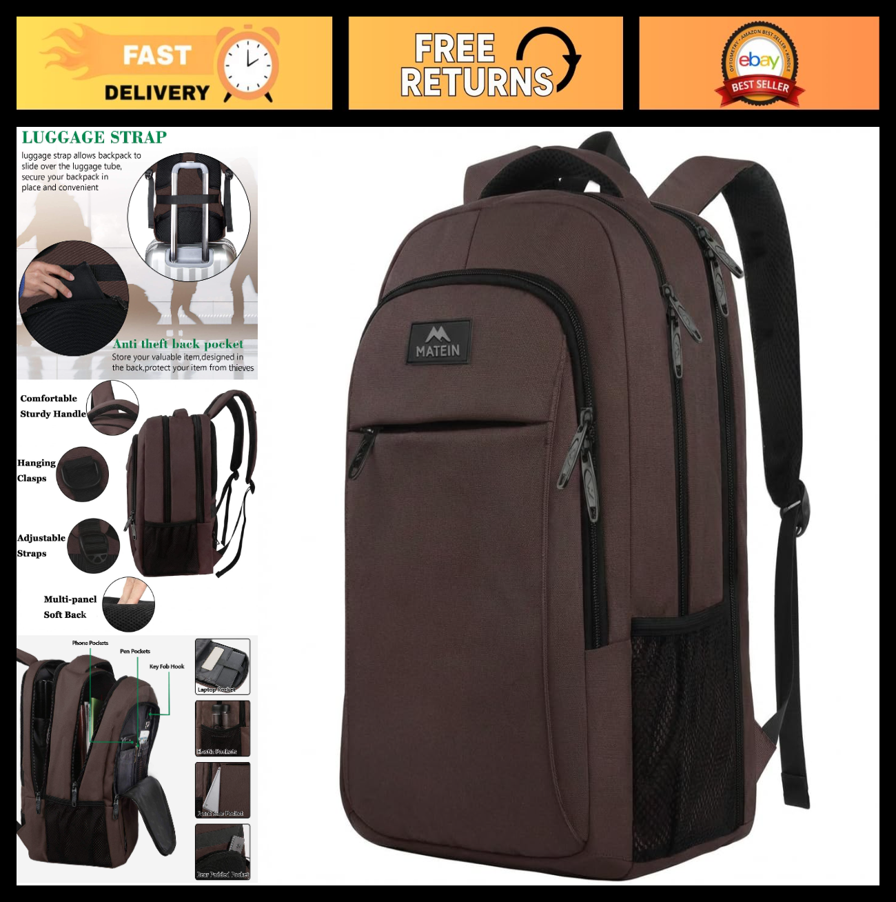 Water Resistant 32L Laptop Backpack for 15.6 Inch   Work & School Bag, Brown0
