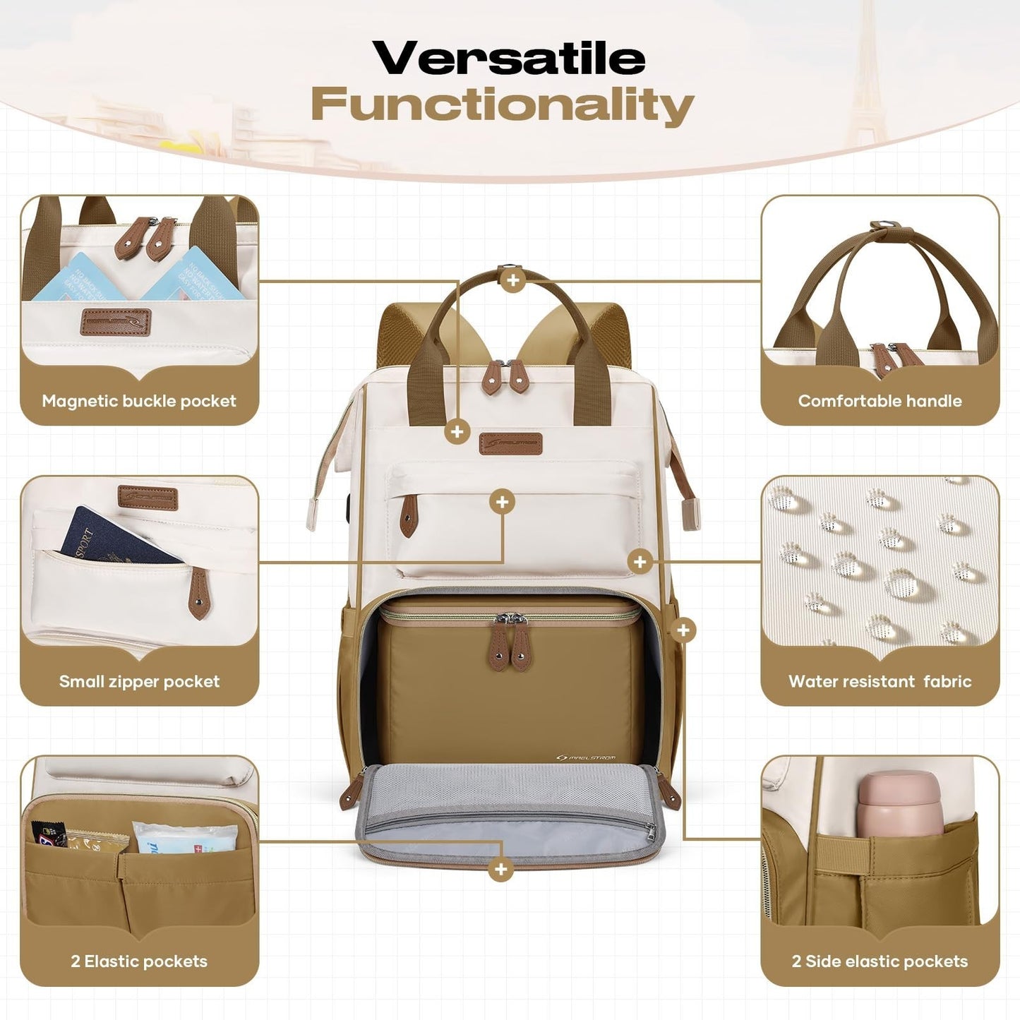 Travel Backpack for Men & Women, Fits 15.6-17.3" Laptop, Insulated Lunch Bag, Kh6