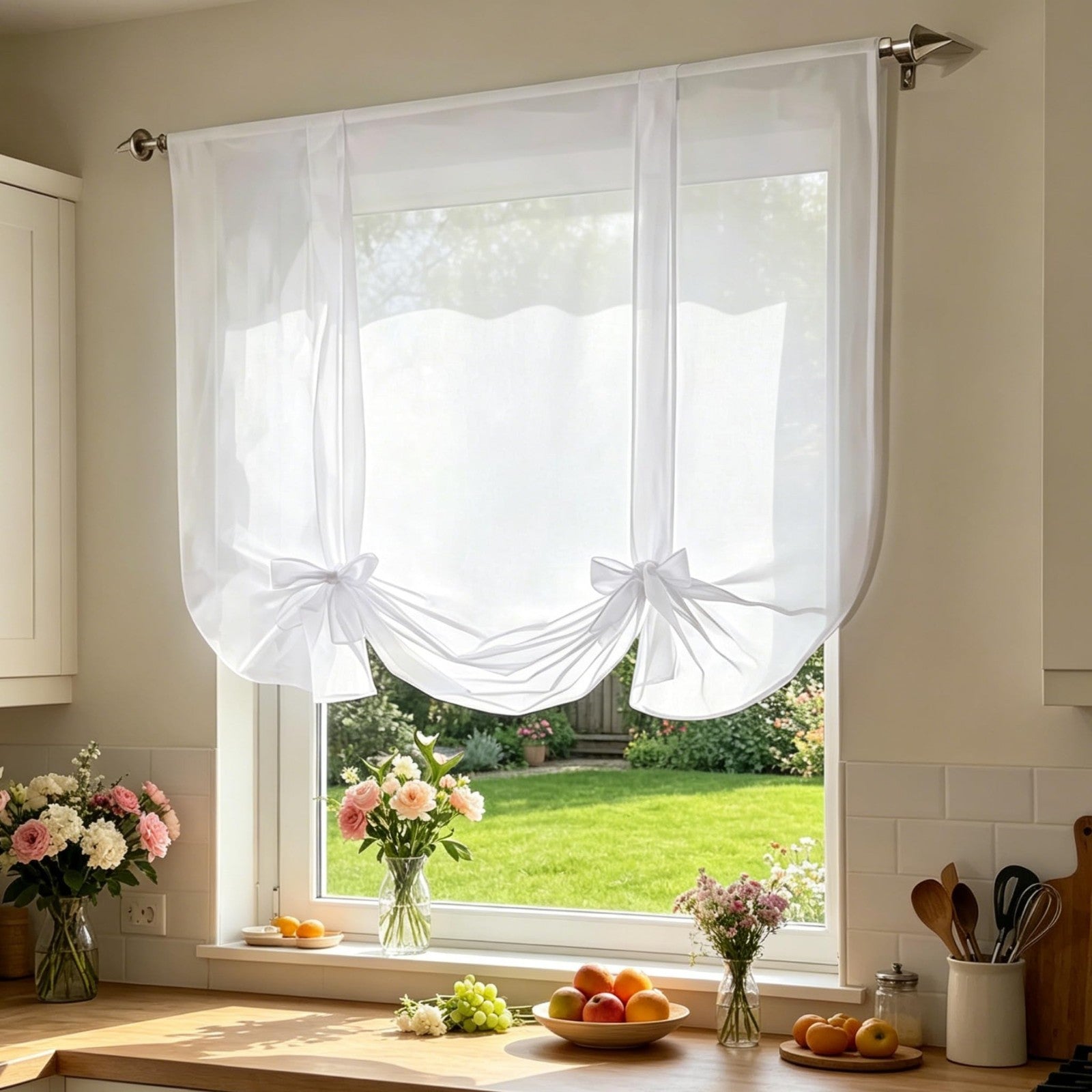 Light Filtering White Tie Up Sheer Voile Curtain | Adjustable Balloon Shade Vala2