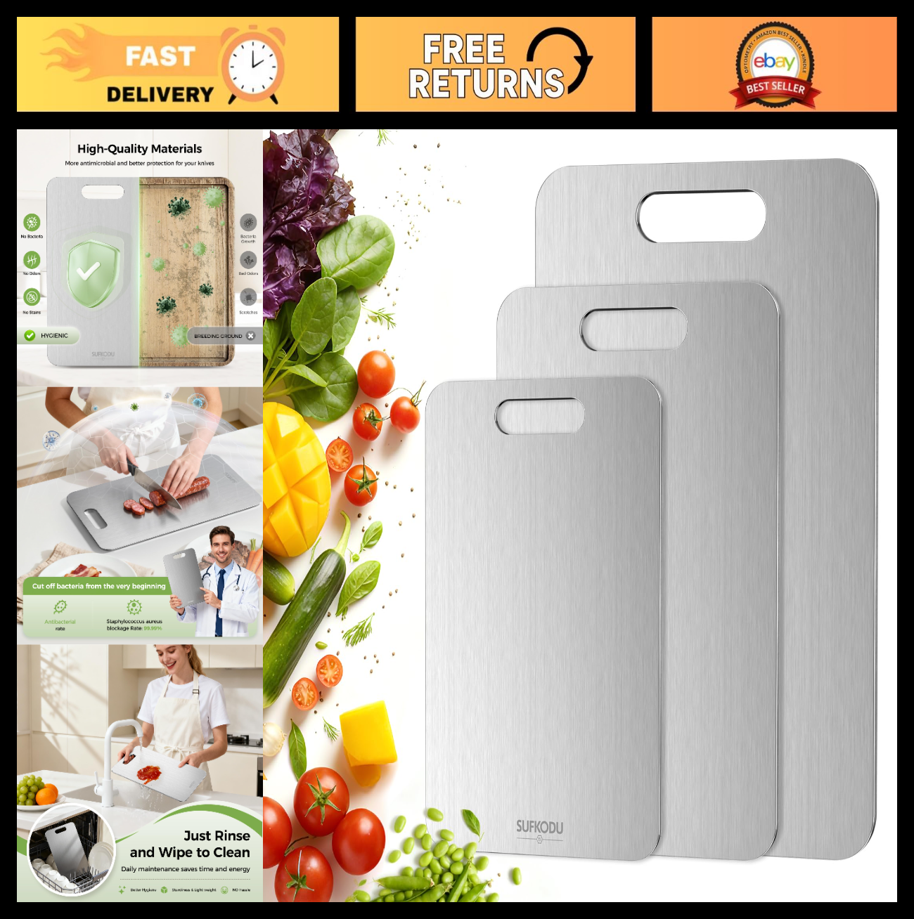 Set of 3 Double Sided Titanium Cutting Boards   Non Toxic, Dishwasher Safe, Idea0