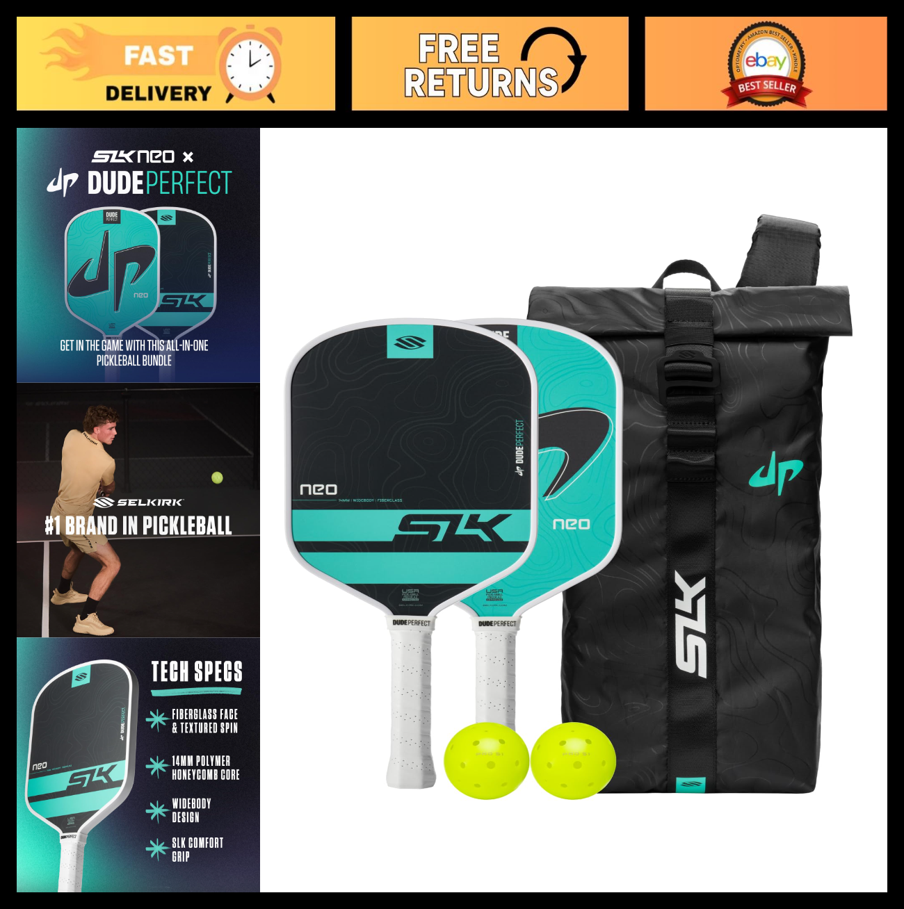 Pickleball Paddle Set of 2 with Pickleballs & Sling Bag | Graphite/Fiberglass Ra0