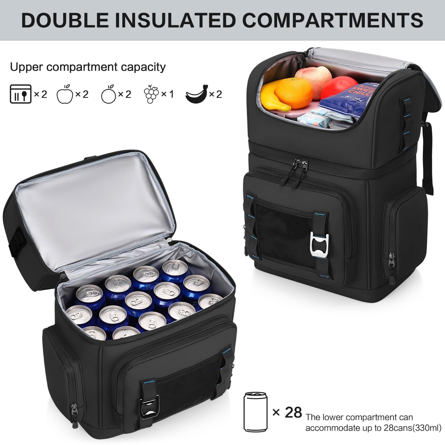 Large Waterproof Insulated Cooler Backpack - Double Decker, Leak Proof, 26L, 443