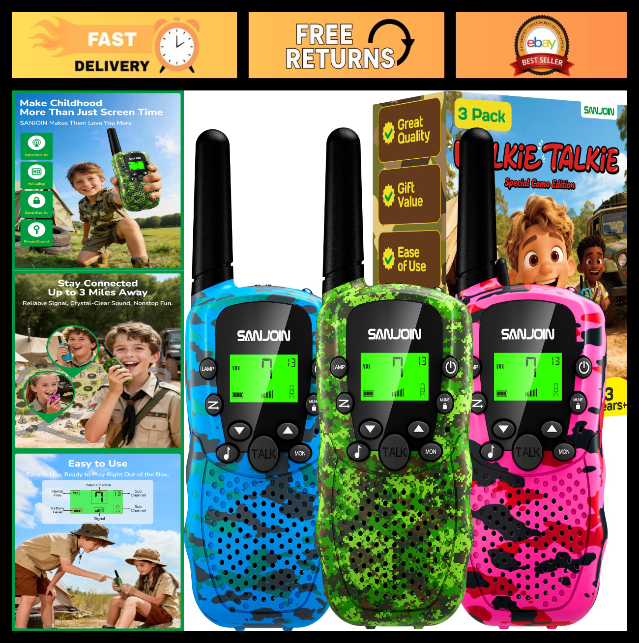 Kids Walkie Talkies   3 Miles Range Outdoor Toys for Ages 3 12, Perfect Birthday0