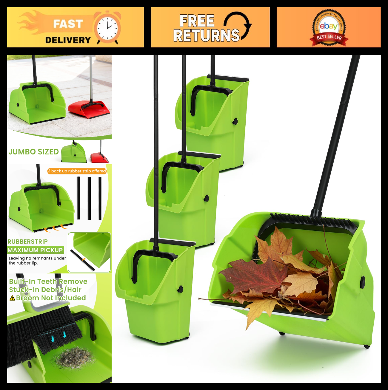 3PK Heavy Duty Jumbo Stand Up Debris Pan, Long Handle Dustpan for Outdoor Cleanu0