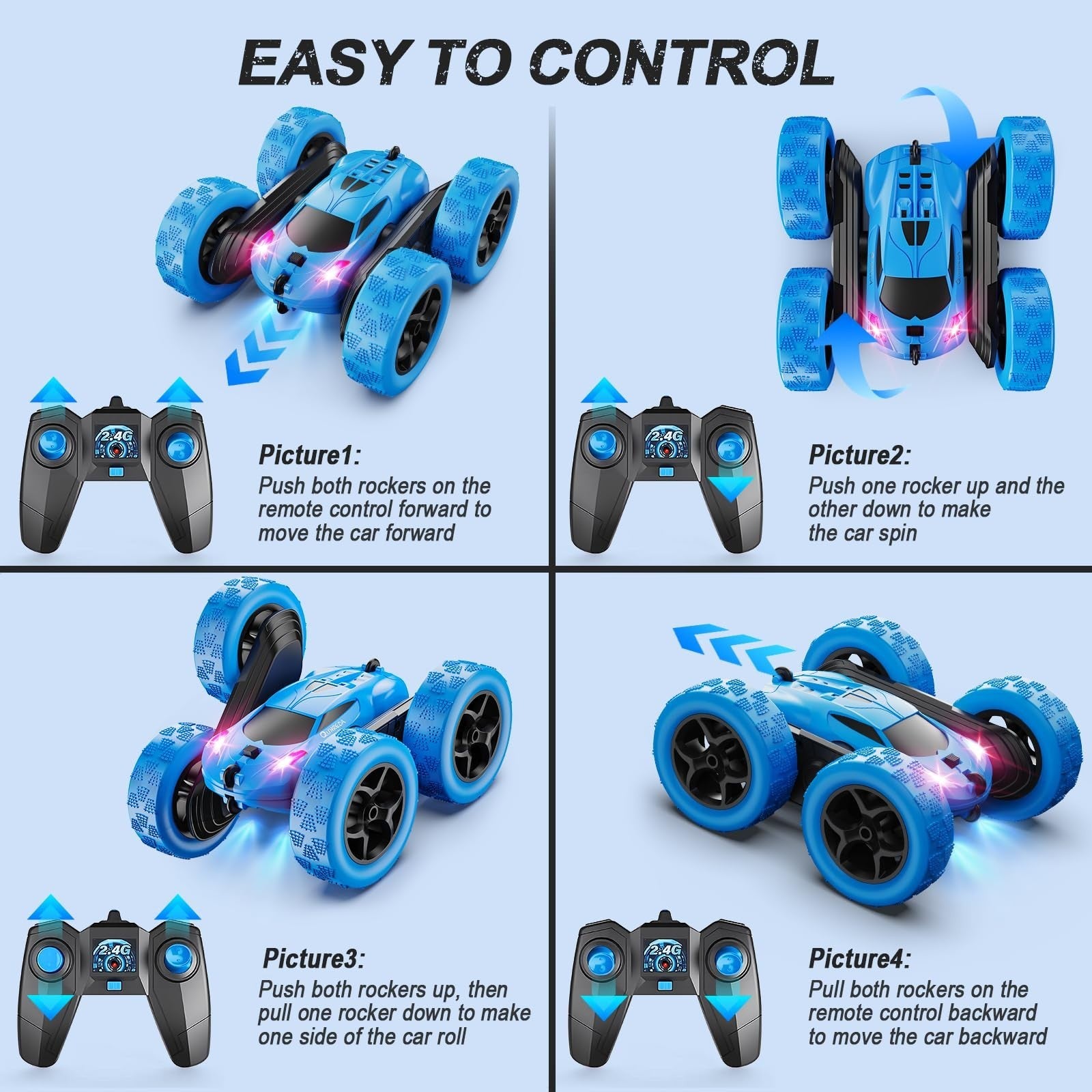 4WD Remote Control Stunt Car for Kids 6 12, LED Lights, 360° Flips, USB C Batter5