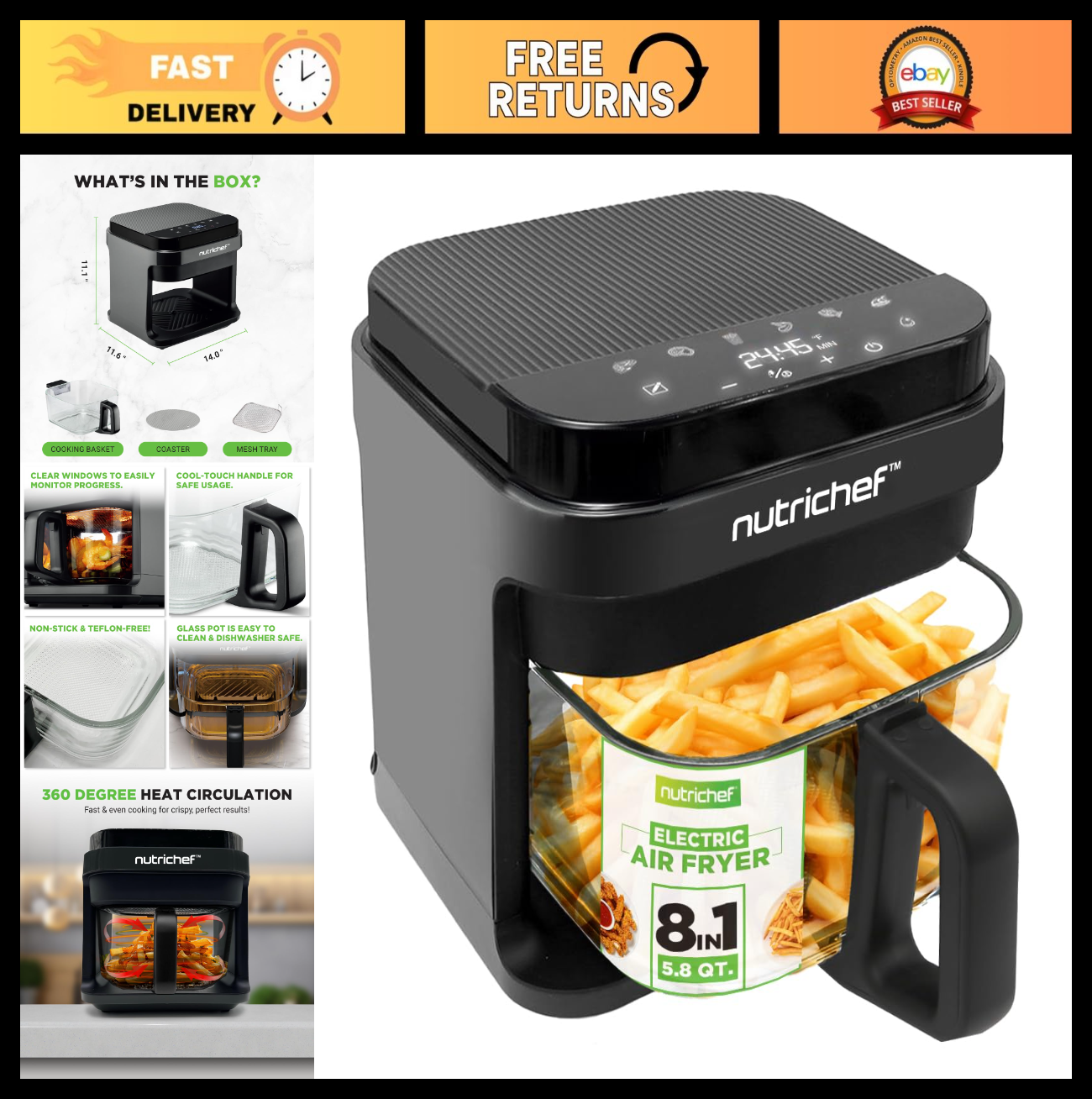 5.8 Quart Air Fryer with 8 Preset Modes, Transparent Fry Bowl, Precise Temp Cont0