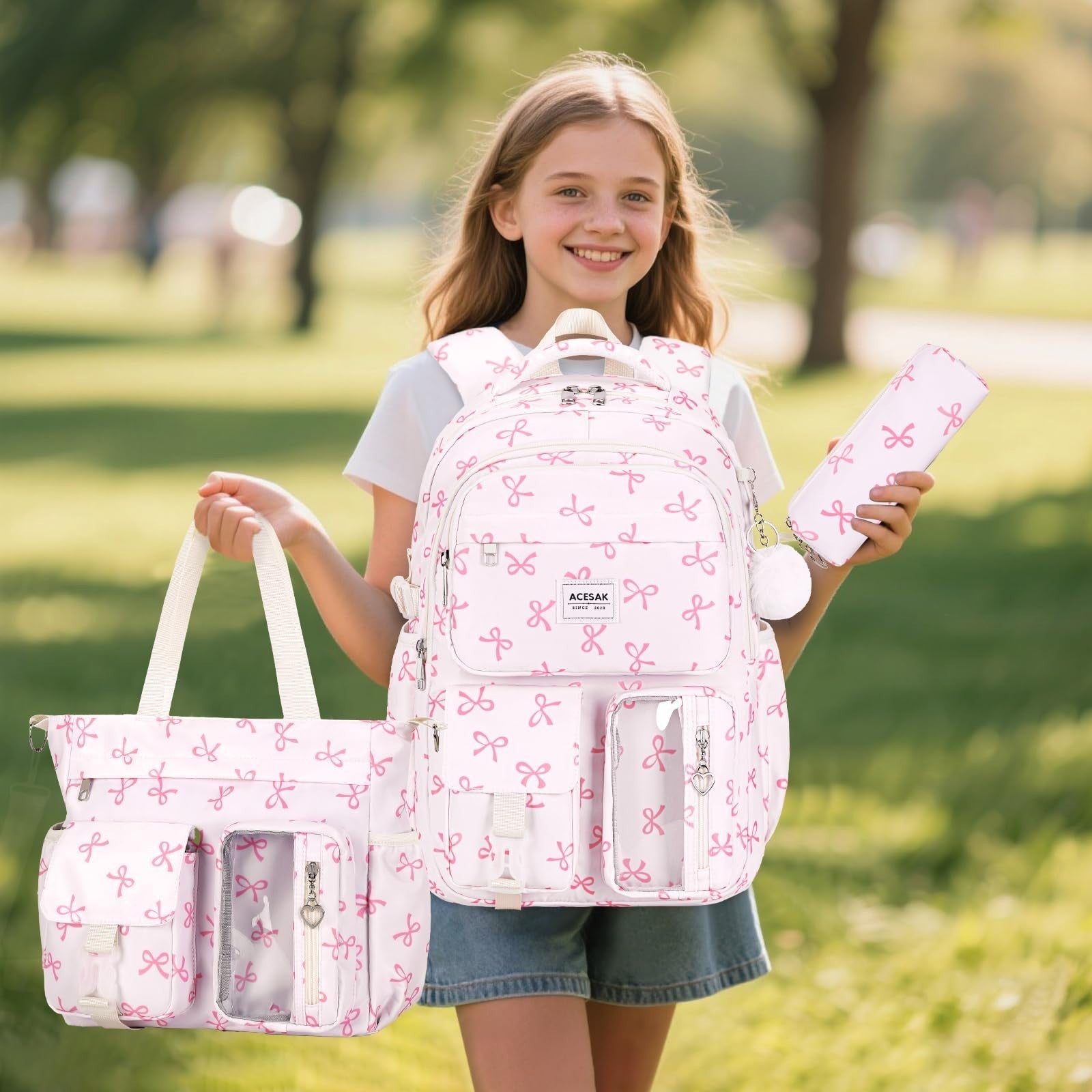 Stylish Girls Backpack Set with Tote, Crossbody Bag, Lunch Bag & Pencil Pouch  2