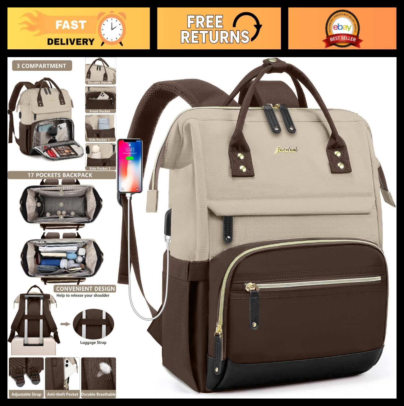 15.6" Laptop Backpack for Women, USB Charging, Large Travel Work Bag, Casual Day0