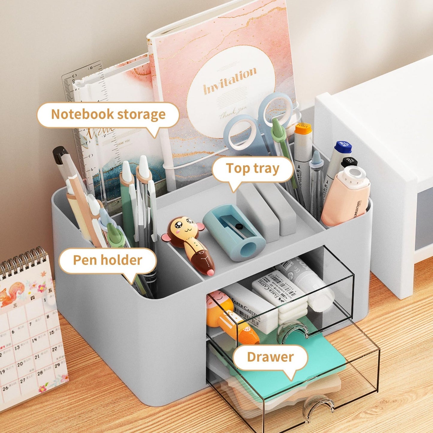 Multi Functional Desk Organizer with 2 Drawers, 5 Compartments, Pencil Holder, G3