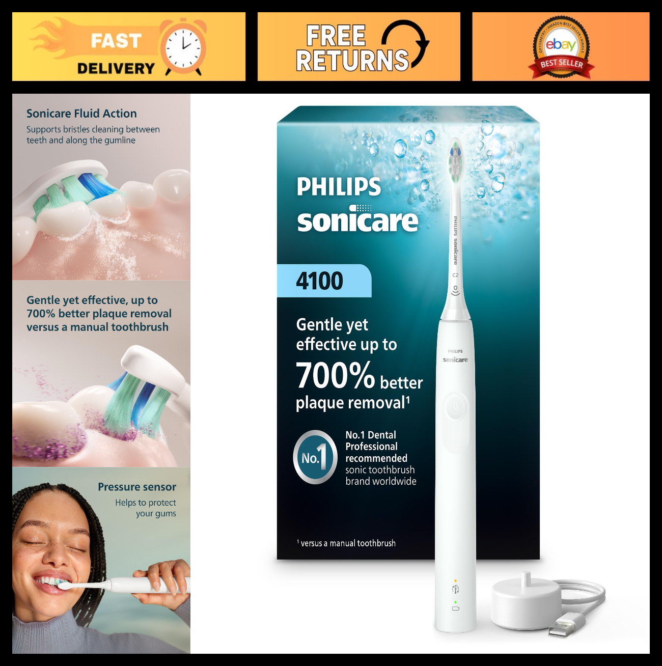 Rechargeable Electric Toothbrush, 700% Plaque Removal, Pressure Sensor, 2 Settin0
