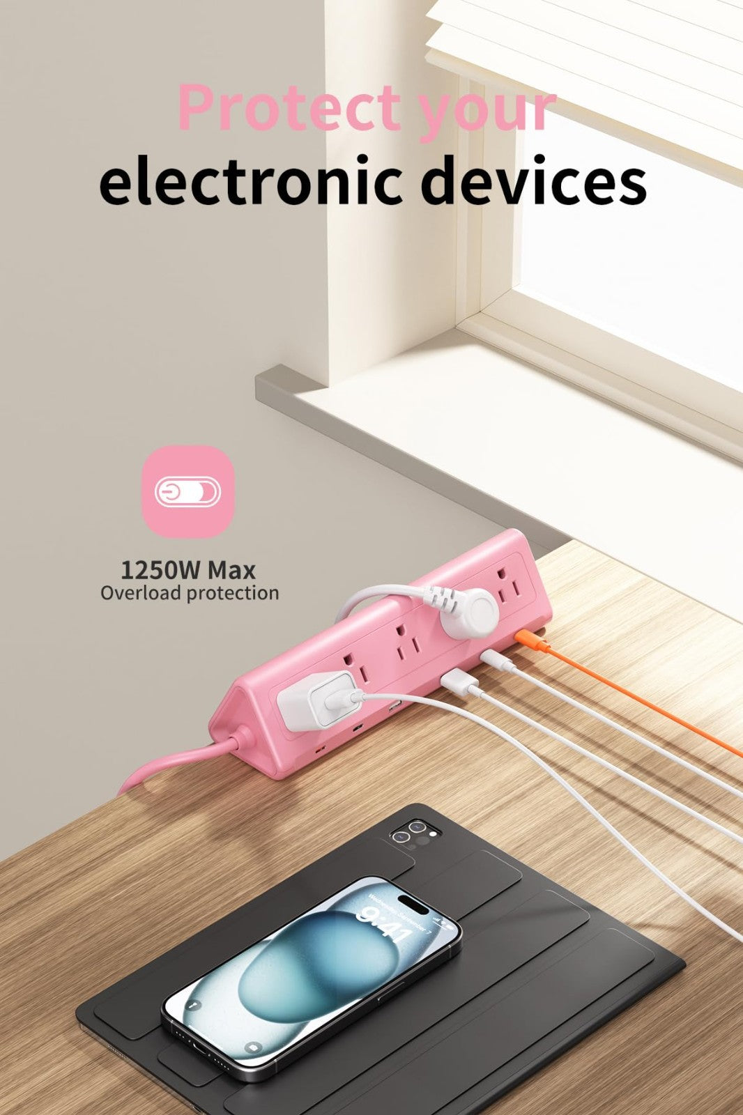 6.5FT Desk Clamp Power Strip   5 AC Outlets, 6 USB Ports, PD 40W Fast Charging,6