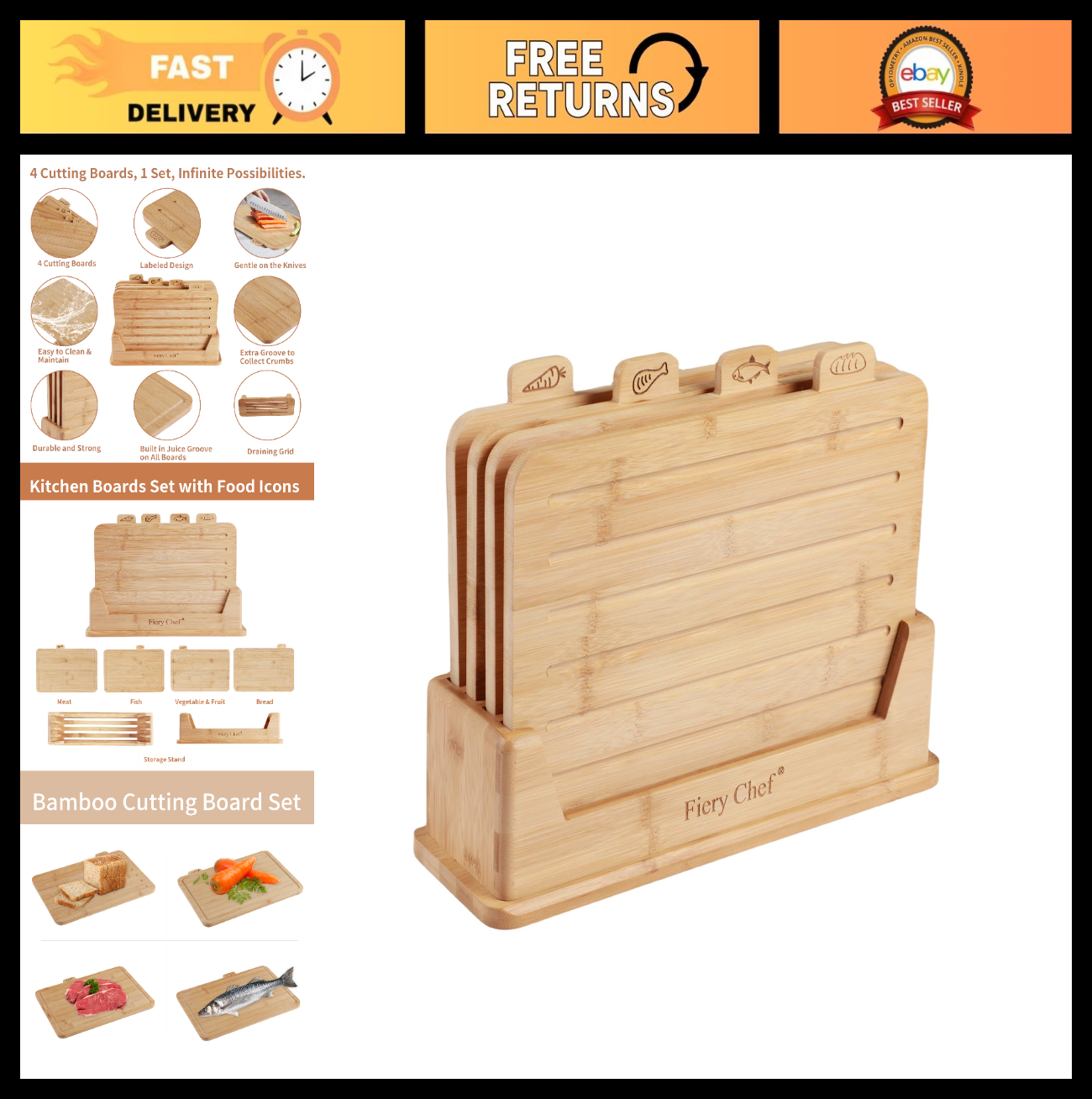 Set of 4 Bamboo Cutting Boards with Holder - Juice Groove, Food Icons, Ideal for0