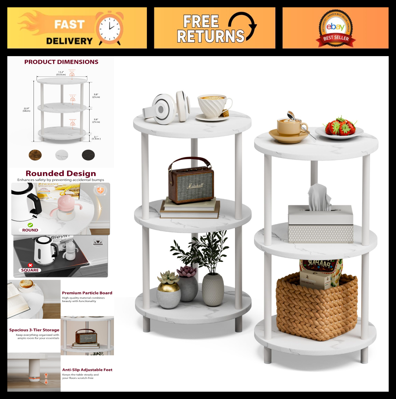 Set of 2 Small Round End Tables - 3 Tier Accent Nightstands for Bedroom, Living0