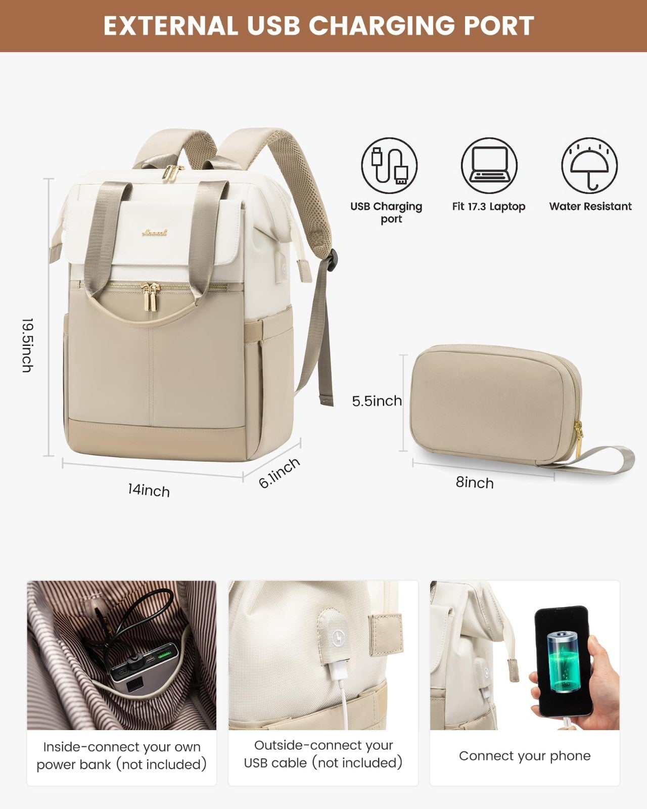 Large Capacity 17.3" Laptop Backpack for Women, Waterproof Travel Bag with USB P3