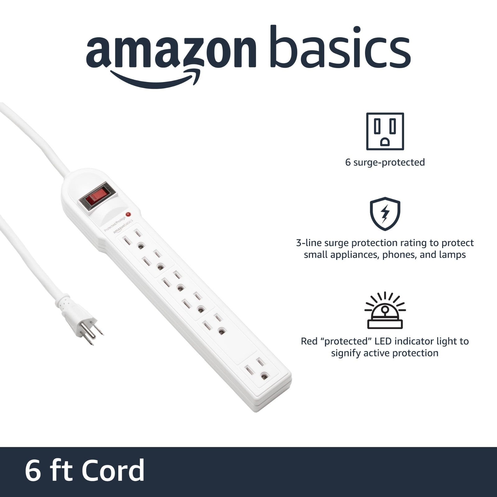 6 Outlet Surge Protector Power Strip, 790 Joules, Circuit Breaker, 6ft Cord   22