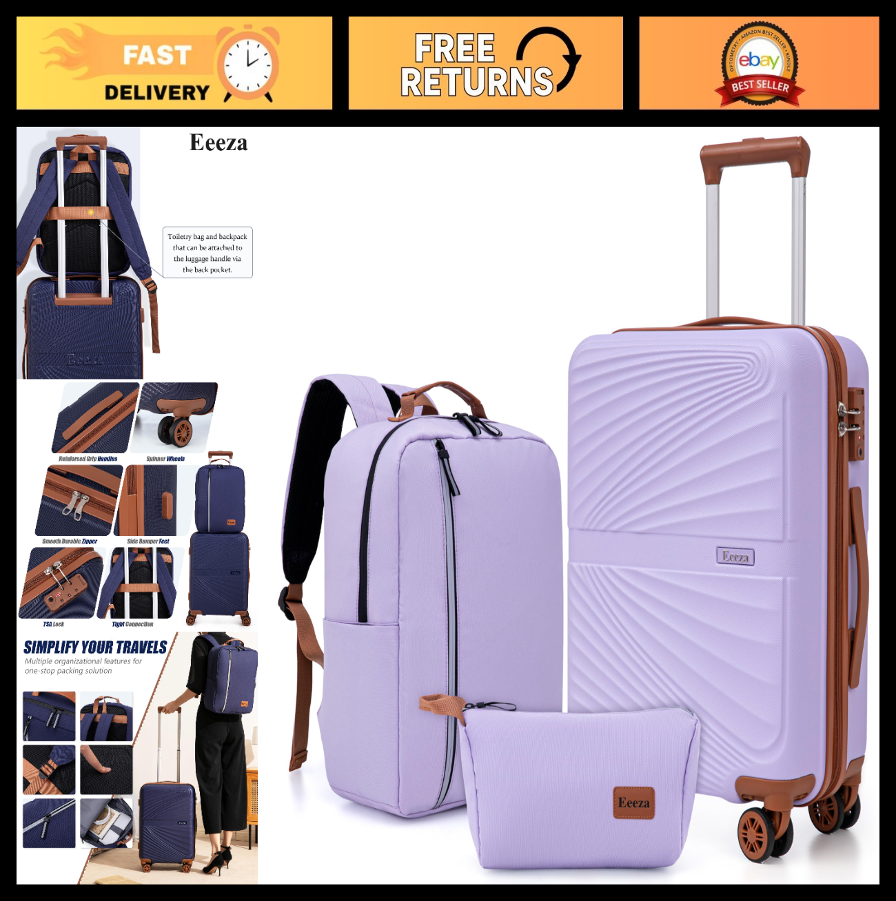 3-Piece Carry On Luggage Set - Lightweight ABS Hardshell, 360° Spinner Wheels, T0