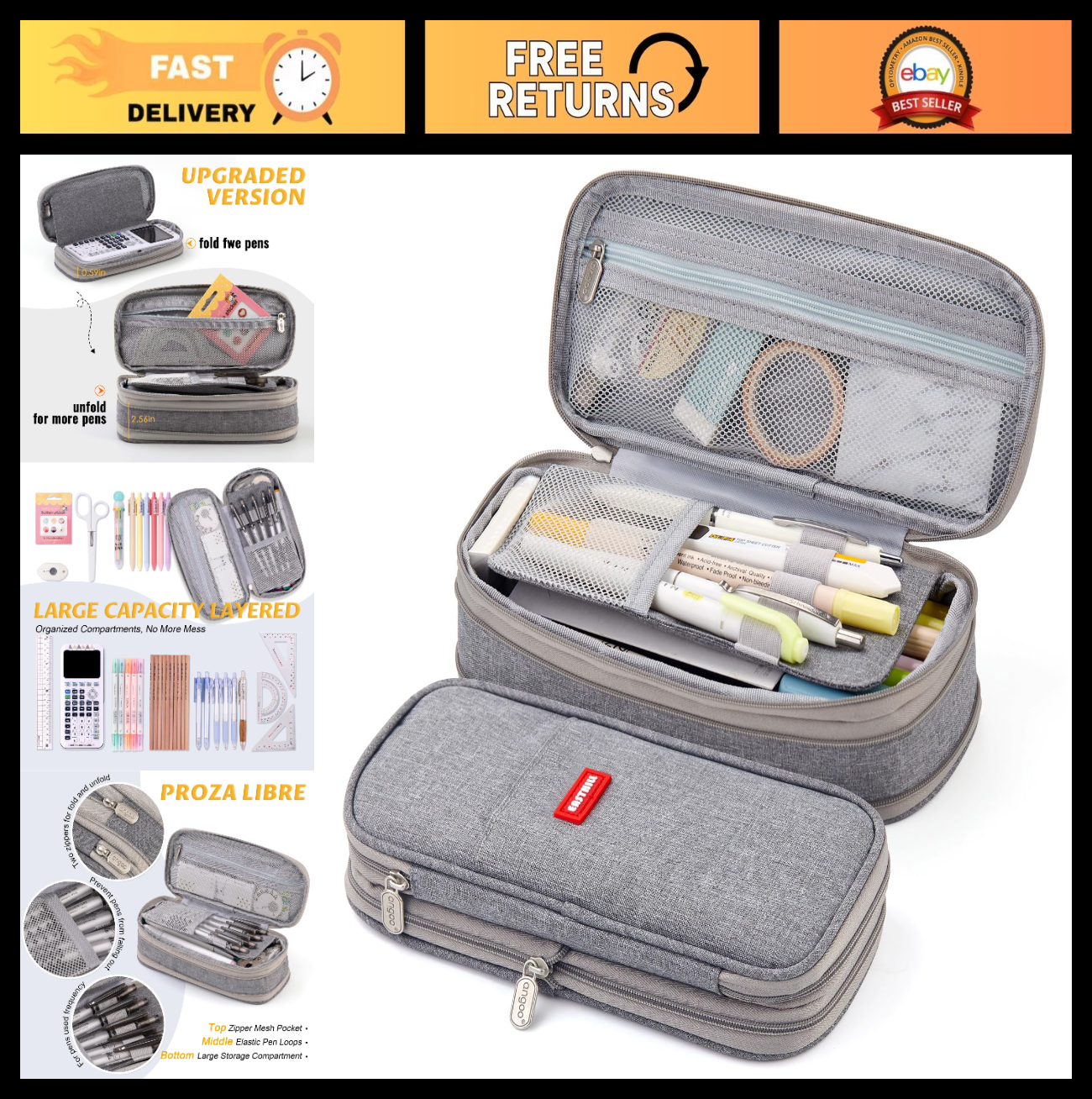 Large Capacity Pencil Case   Office & School Storage Organizer Bag Pouch   Gray0