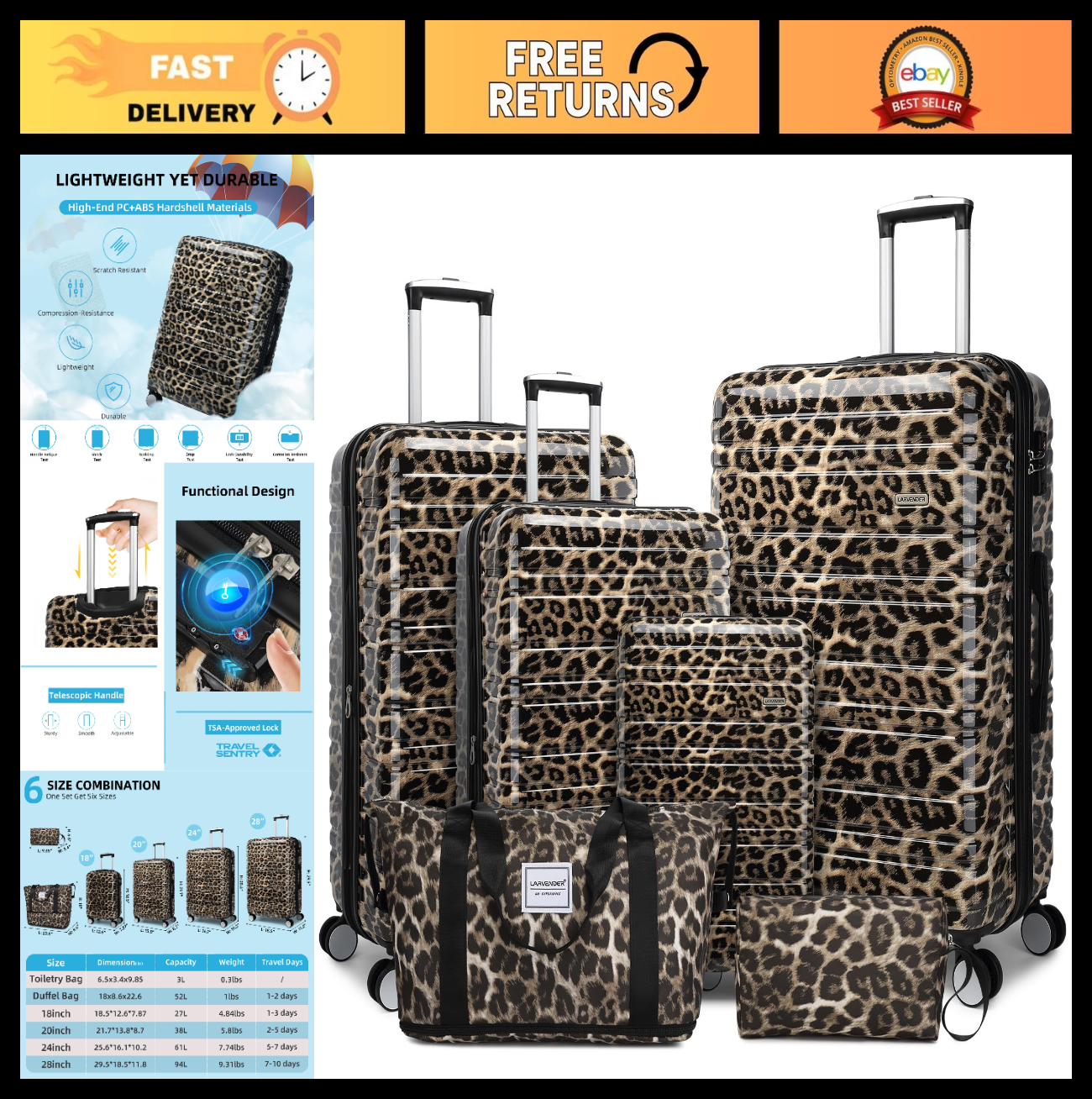 6-Piece Expandable Luggage Set with Wheels, Lightweight Hardshell, TSA Lock, Fam0