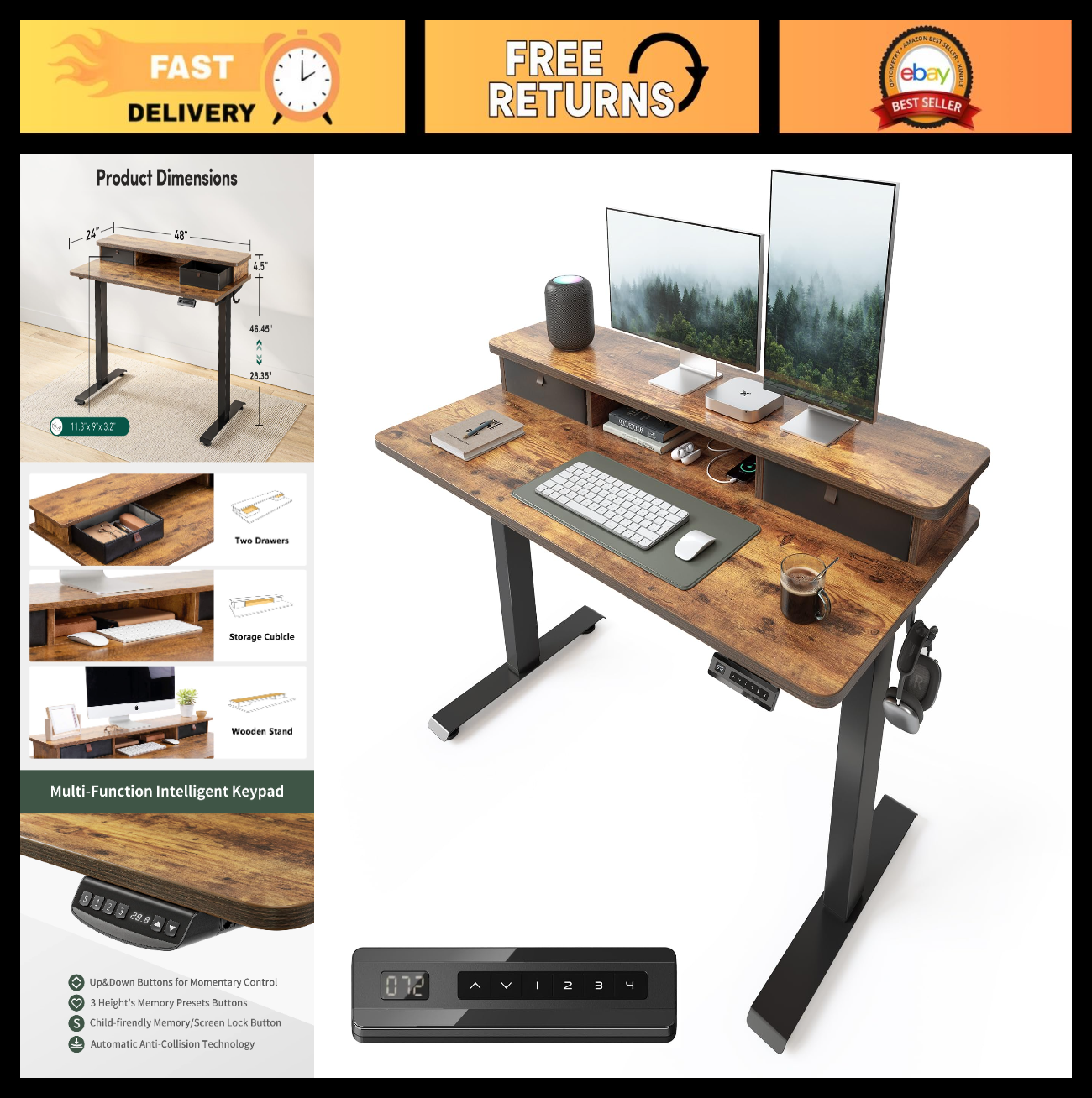 Height Adjustable Electric Standing Desk 48x24 with Double Drawer & Storage Shel0