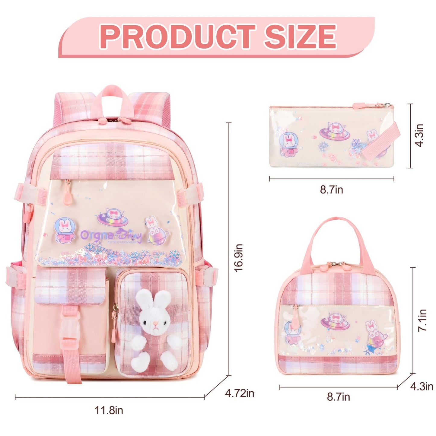 Kawaii Bunny Girls Backpack Set 3PCS   Pink Plaid School Bag with Lunch Box & Pe1