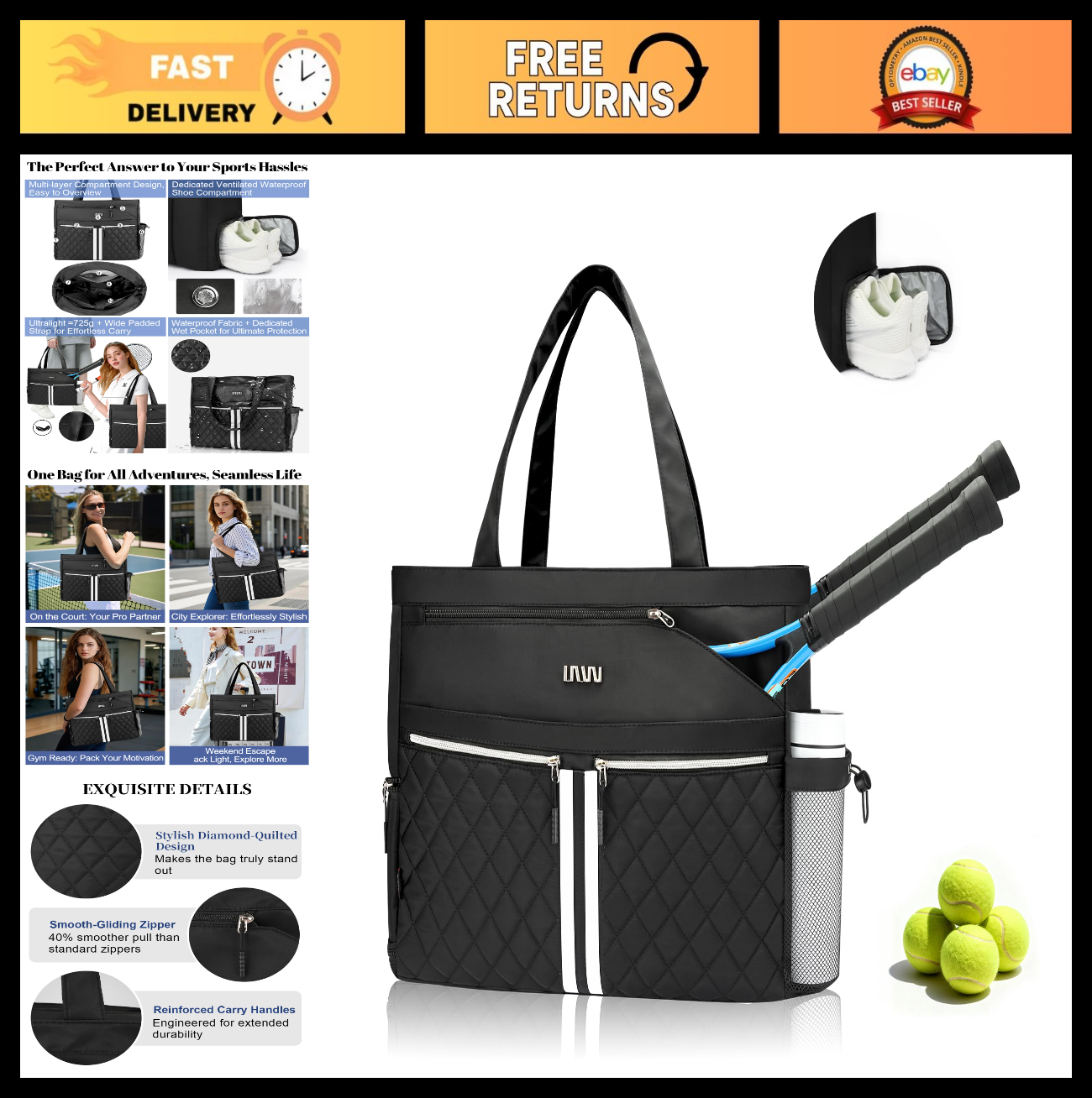 Tennis Bag for Women - Holds 2 Rackets, Ventilated Shoe Compartment, Gym & Pickl0