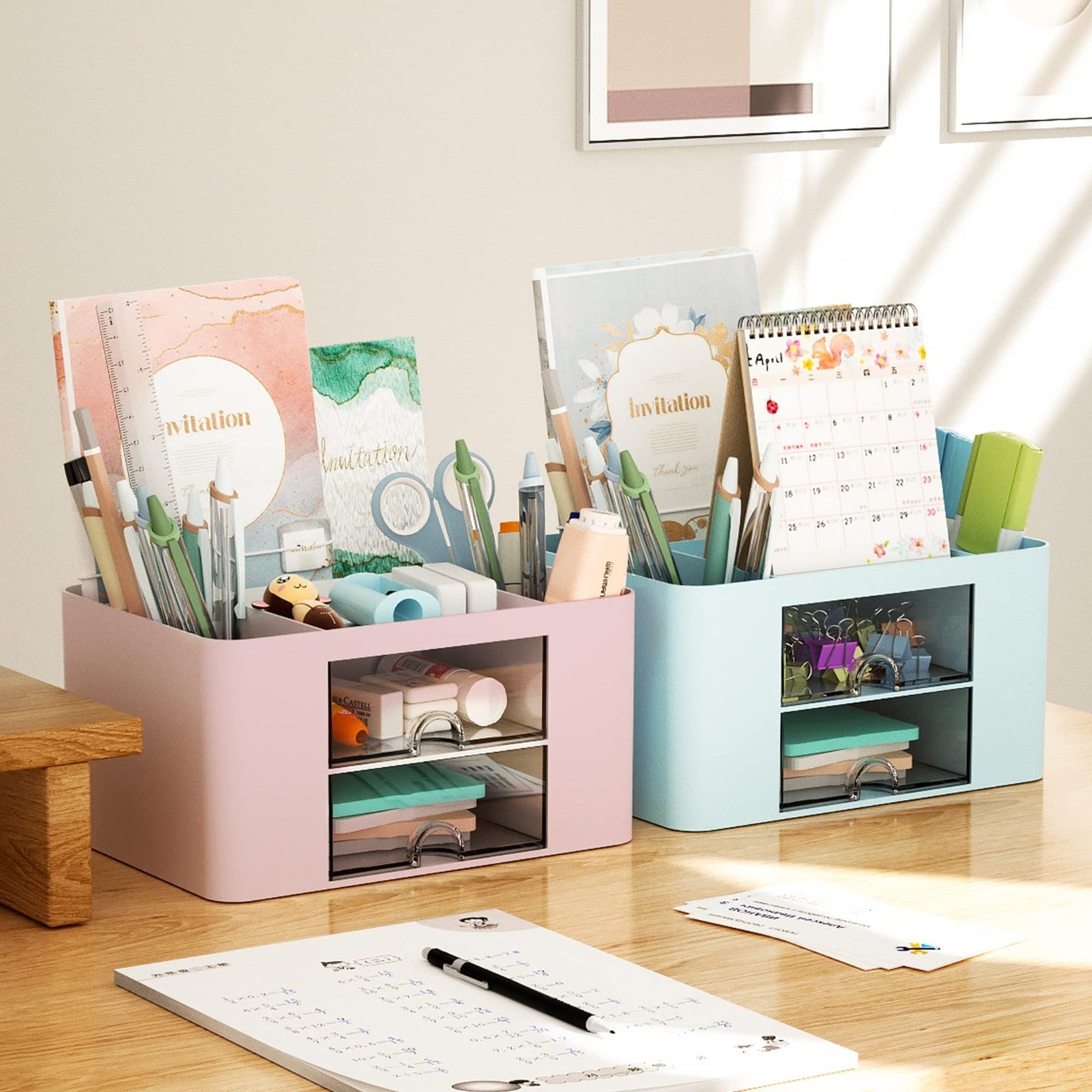 Multi Functional Desk Organizer with 2 Drawers, 5 Compartments for Art Supplies3